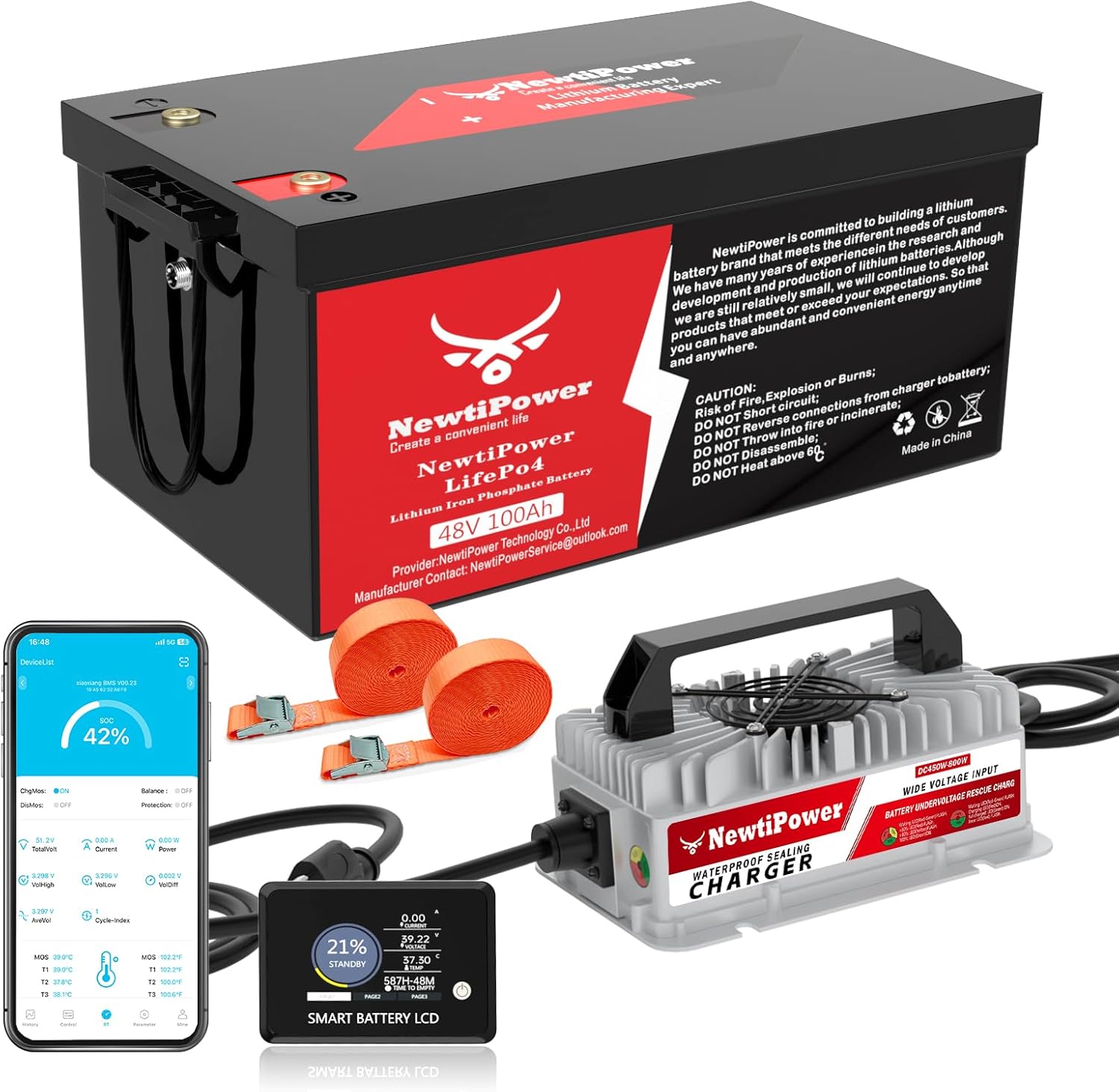 48V 100Ah Golf Cart LiFePO4 Battery with APP&Chager&Monitor,10KW Continuous Power Lithium Battery with 200A BMS, Up to 10000+ Rechargeable Cycles, Perfect for golf cart