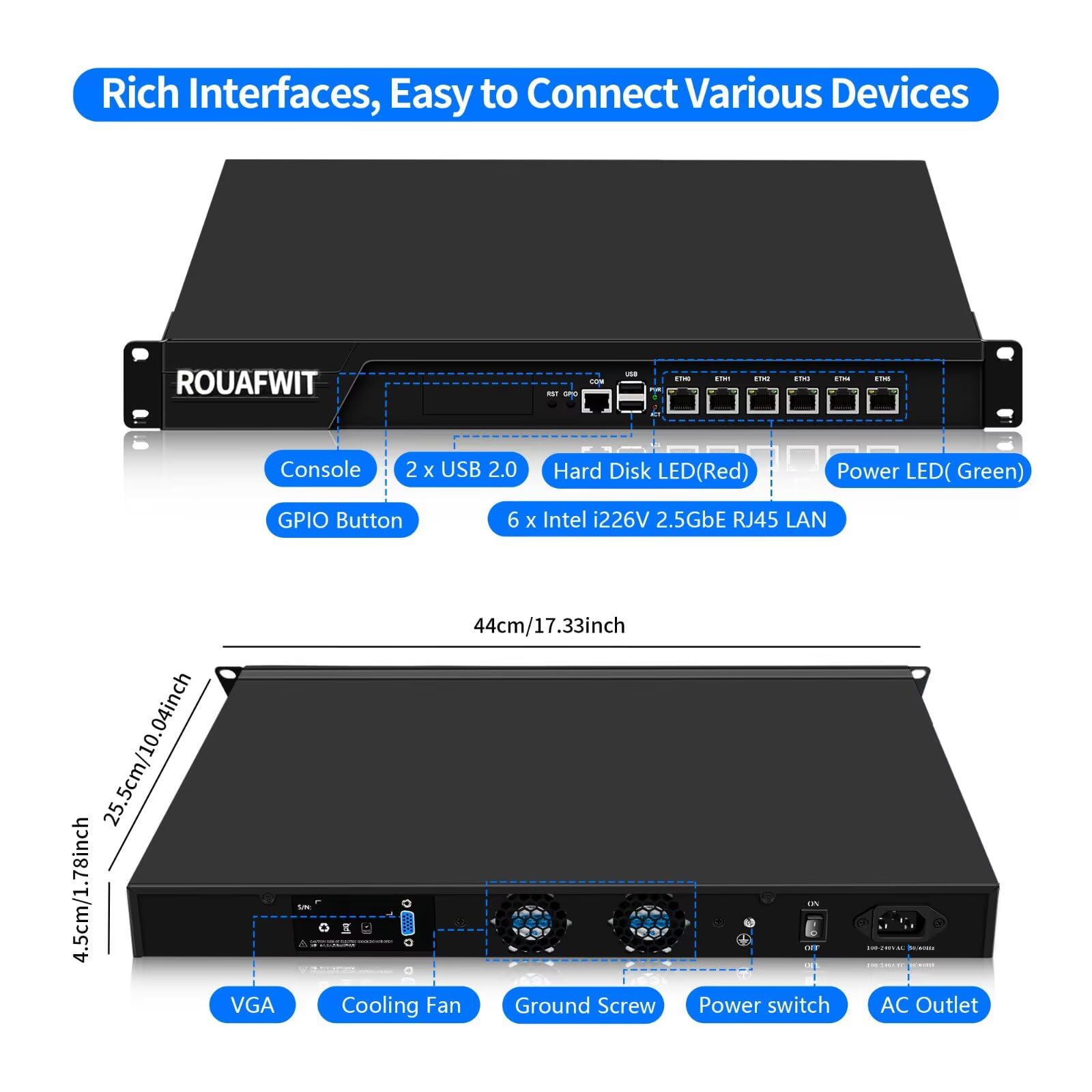 Firewall, 19 inch 1U Rackmount, OPNsense, Network Appliance, Router PC, Core i7-3520M, 6 i226V Lan/2USB/COM/VGA/, SIM Slot, DDR3 Barebone NO RAM NO SSD