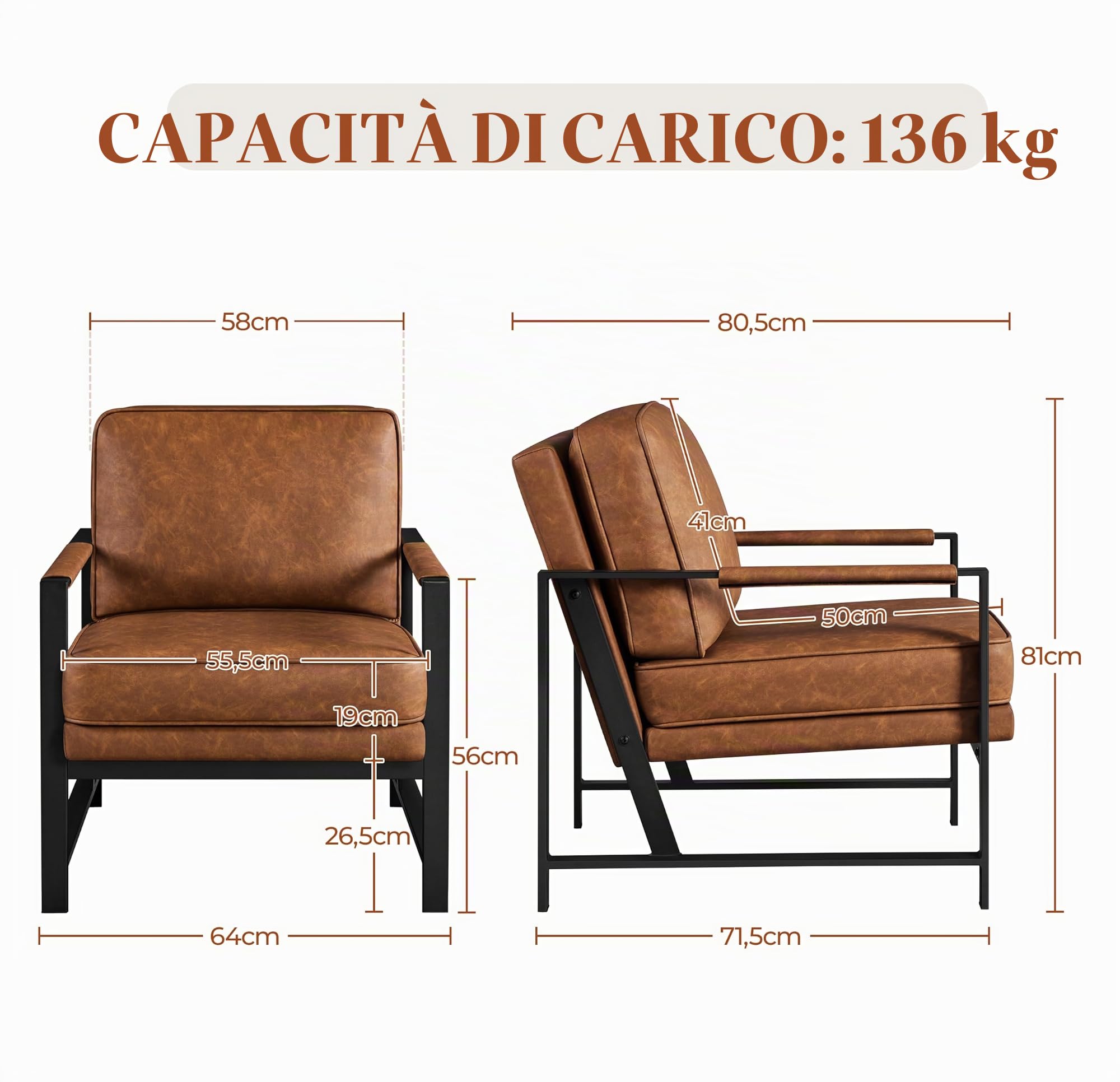 Poltrona da Salotto Moderna Poltrona Laterale di Design poltroncina da Divano Struttura in Metallo Sedia Imbottita in Pelle PU per Camera da Letto Studio Marrone Chiaro
