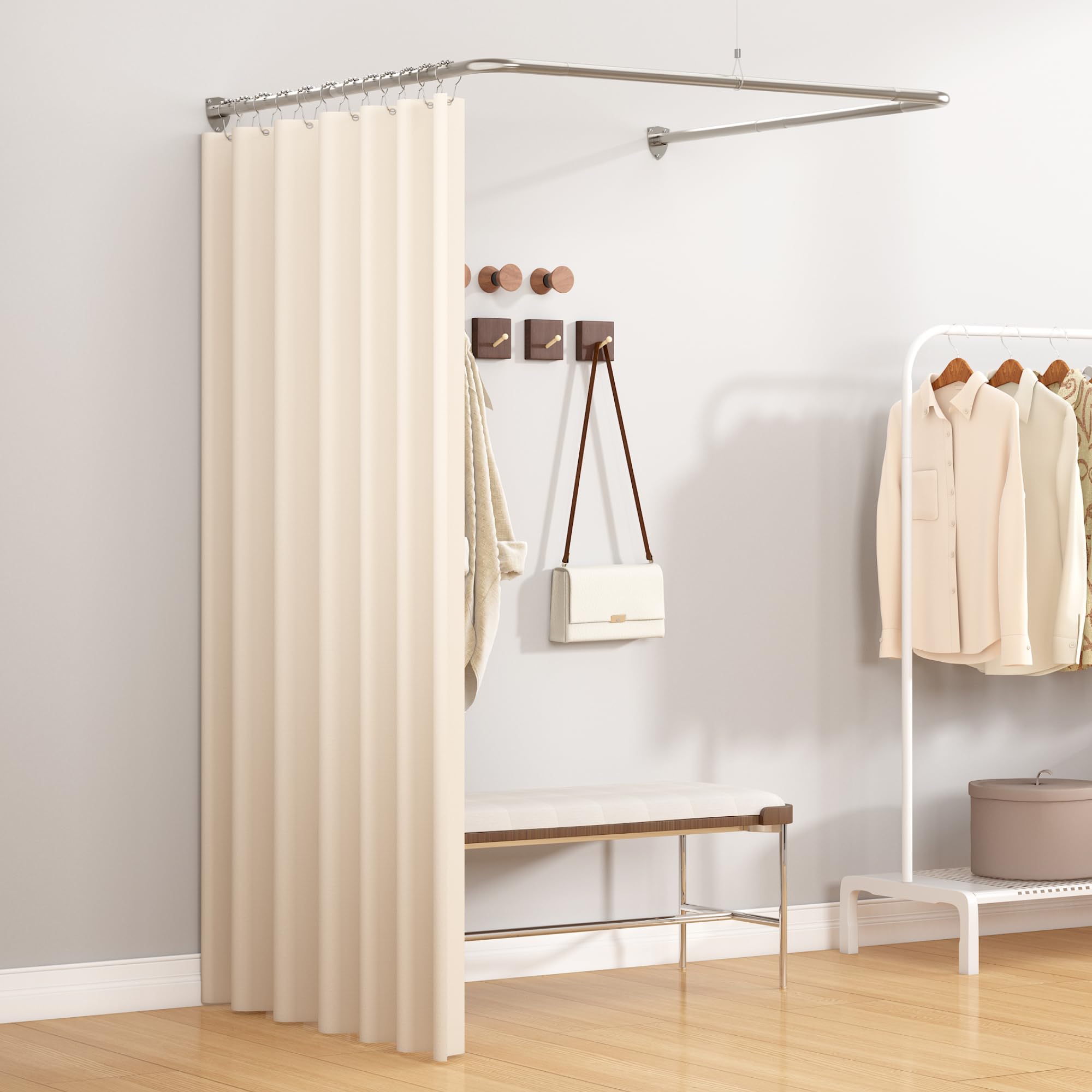 Barra per tenda doccia a forma di U, asta angolare con 12 anelli per tende e supporto a soffitto per vasca/bagno, montaggio a parete necessario [Entrambi i lati: 60 cm - 132 cm, Centro: 78 cm - 118 cm