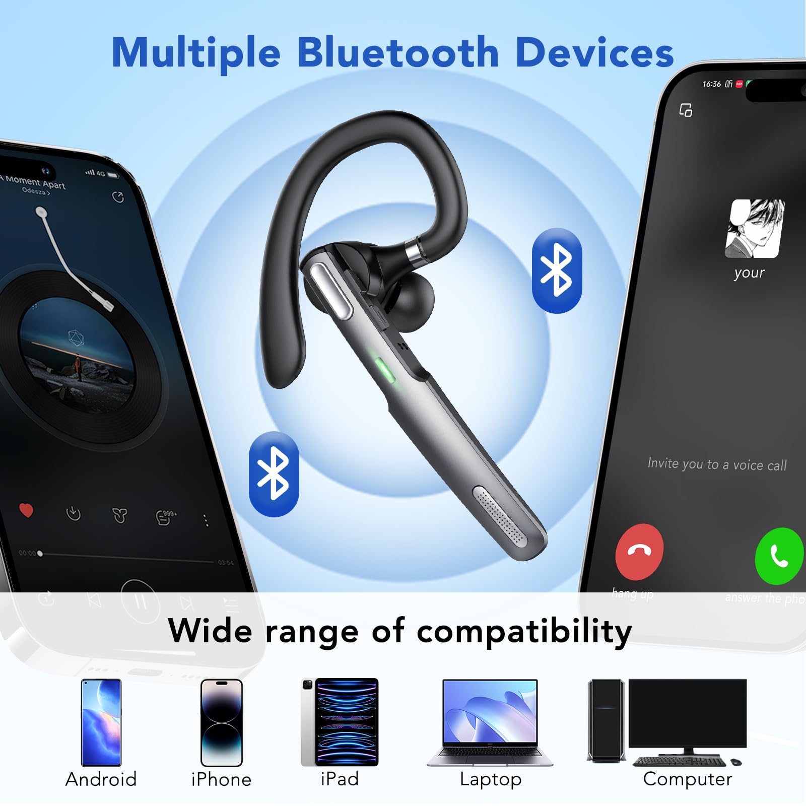 Auricolare Singolo Bluetooth V5.3, CVC Cancellazione Rumore Cuffie Wireless Bluetooth con Doppio Microfono, 100 Ore Di conversazione per Guida/Lavoro for iOS Android