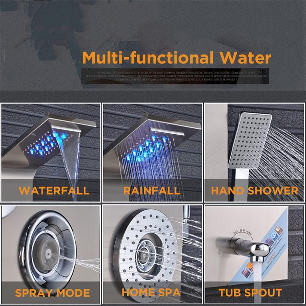 LED Light Waterfall Rainfull Shower Panel SPA Sprayer Jets 3 Handles Shower Column Faucet Tower Hand Shower Tub Spout(D)