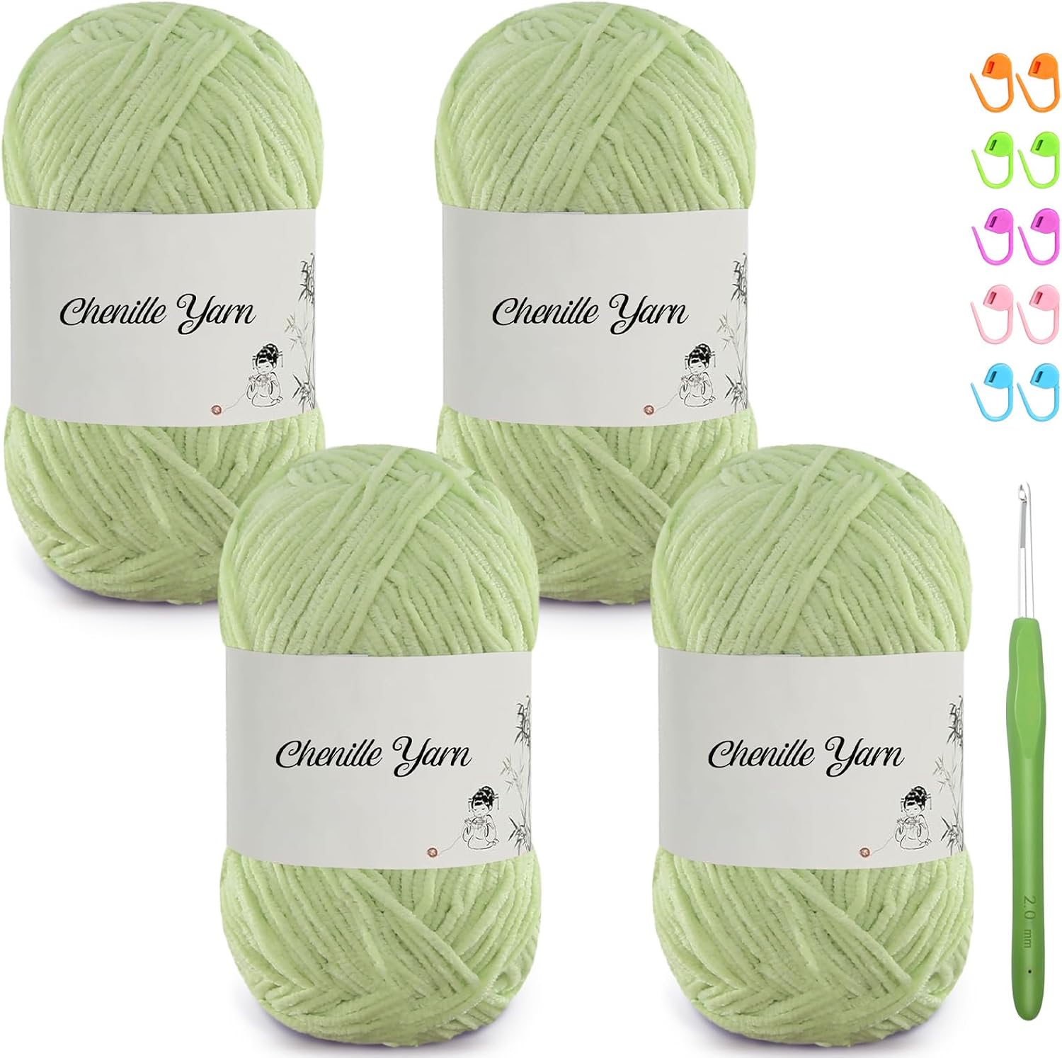 SIMEIQI 4 Pack of 1.76oz Chenille Yarn for Crocheting,158yards Soft Fluffy Velvet Yarn, Ideal Crochet for DIY Baby Blankets Toys Scarves Throw Pillows Hats Cushions(Green)