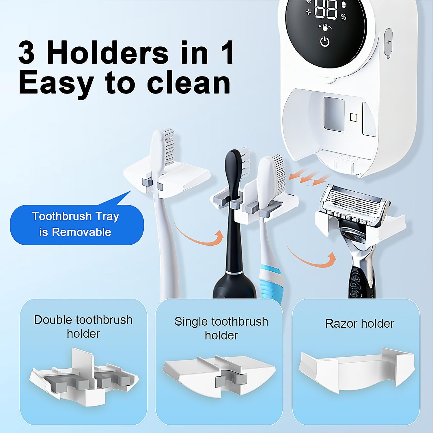 Toothbrush Holder and Cleaner Razor Holder/Dryer Light Cleaning and Air Drying Automatic Ratating Cover Rechargeable Wall Mounted for Bathroom Portable for Trip - Image 5