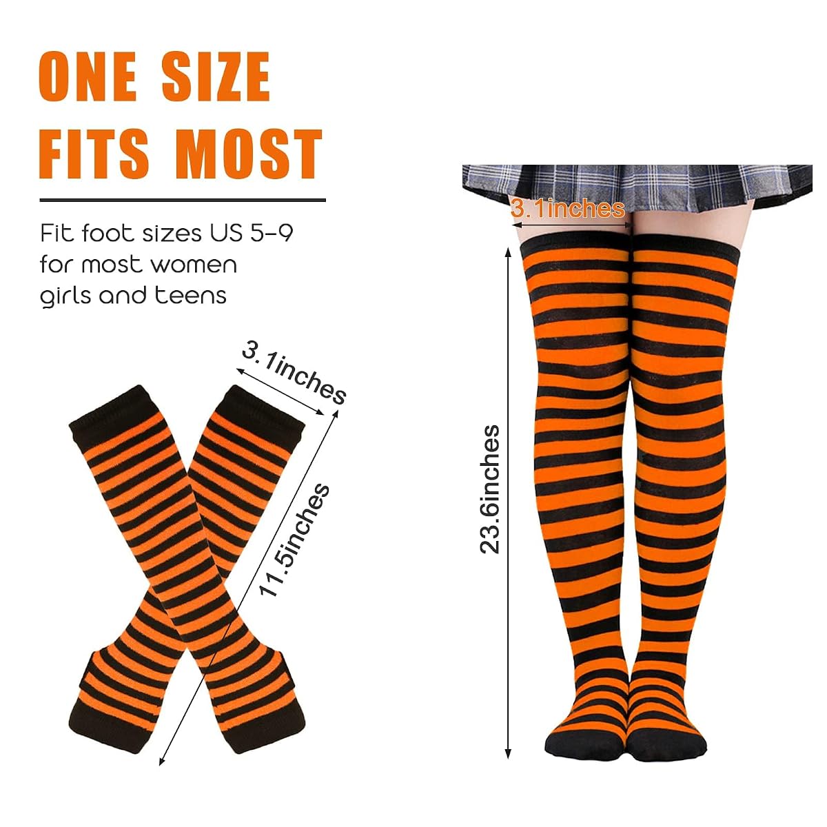 Barrlves 2/4 Sets Womens Striped Knee High Socks Long Knitted Arm Warmers Fingerless Gloves for Halloween Costume 2sets Rose+neon image 1