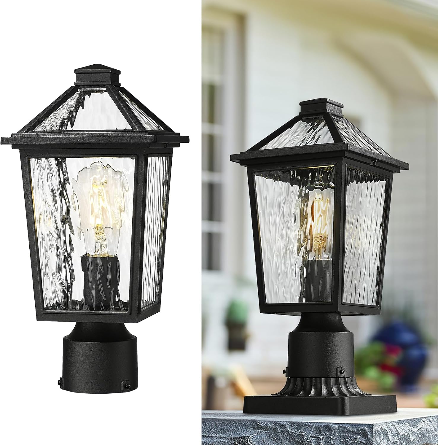 zeyu 2 Pack Outdoor Lamp Post Lights, Modern Farmhouse Exterior Post Lantern Light for Garden, Aluminum with Seeded Glass Shade, Black Finish, ZX58P-2PK BK