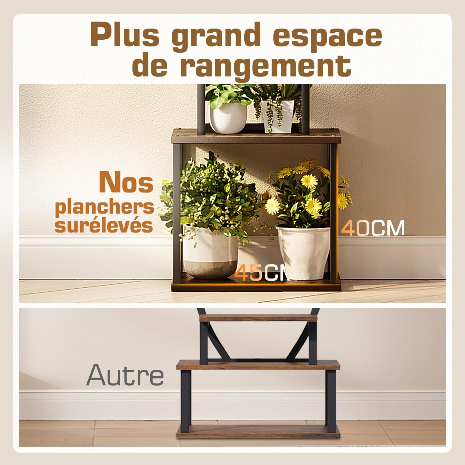 Support Plantes 150cm – 8 étagères, LED croissance, métal noir | Support plantes 150cm | 8 étagères | LED croissance + minuterie | Métal noir + bois | Int & ext | Salon, balcon