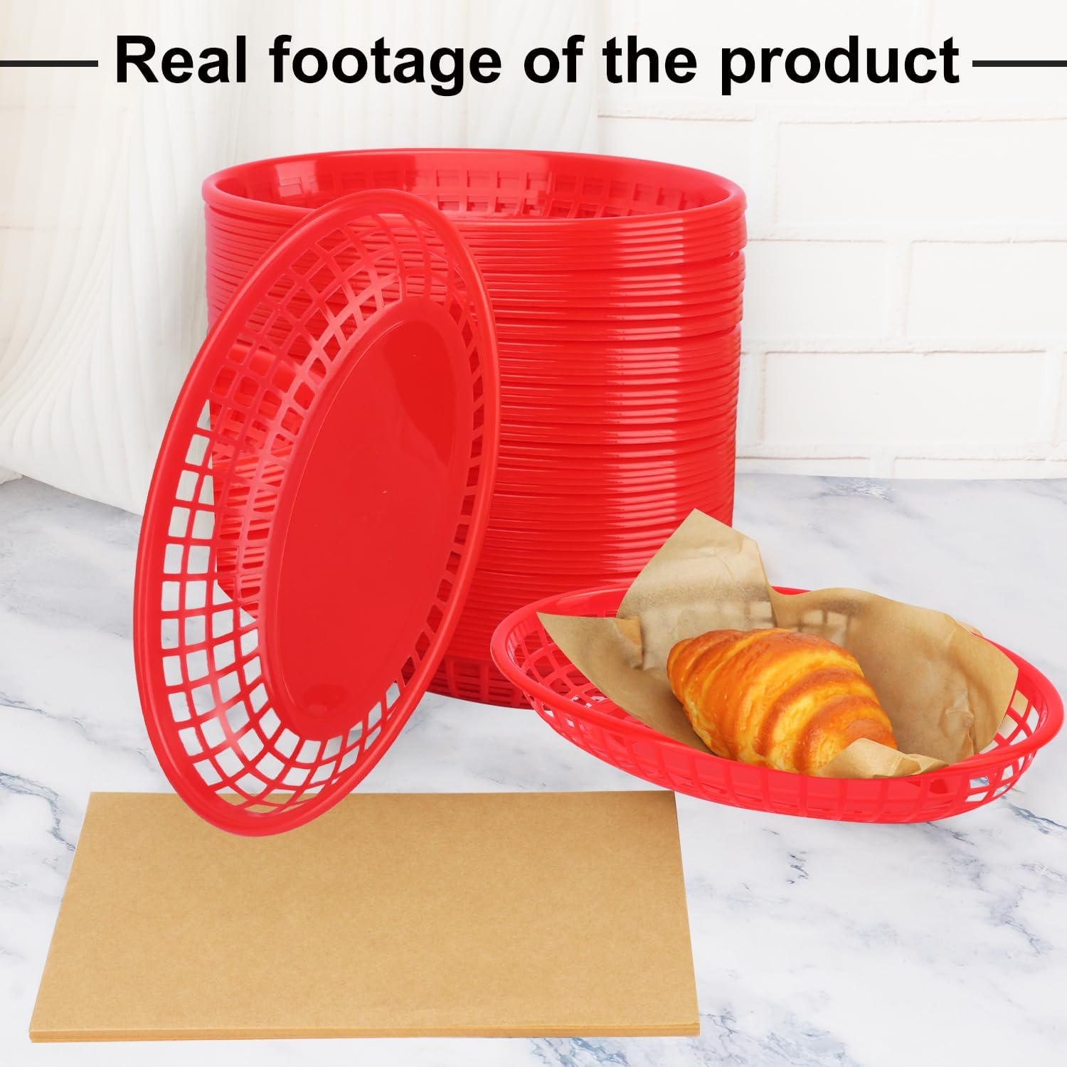 100 Pcs 9 x 5.7 Inch Red Oval Fast Food Baskets, Sturdy Plastic Food Serving Baskets with 100 Sheets Deli Paper Liners for Parties, Picnics, BBQs and Snacks, by KUKLIPJIM