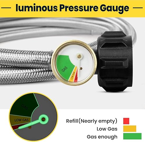 Miniatura 3 de Aekops Adaptador de manguera de propano de 6 pies de 1 libra a 20 libras con calibre, manguera adaptadora de tanque de propano trenzada de acero