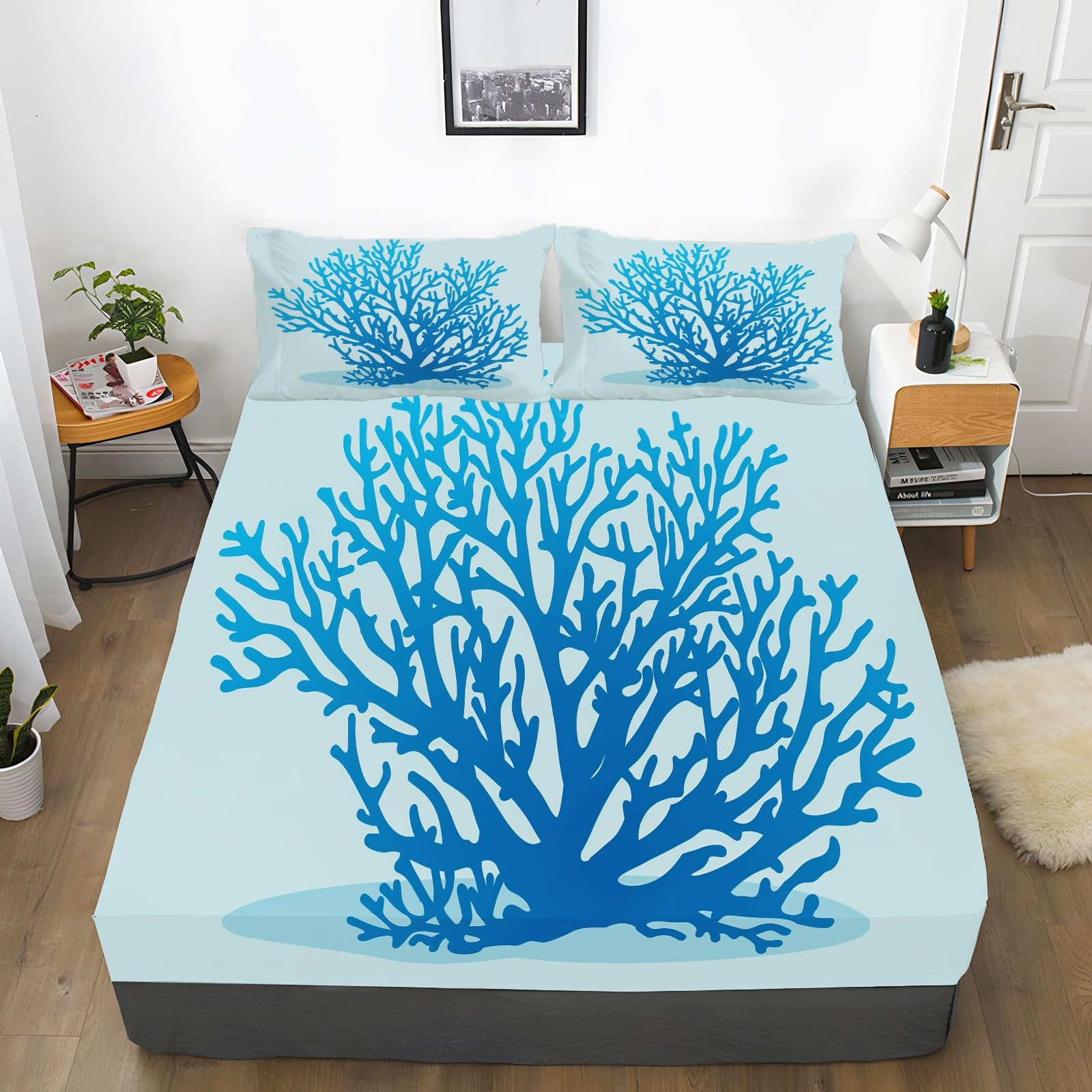 Drap Housse 160x200 cm Corail Bleu Draps Housses Microfibre brossée avec Coins Élastiqués pour Matelas de 30 cm Haut Doux et Durable Lavable en Machine