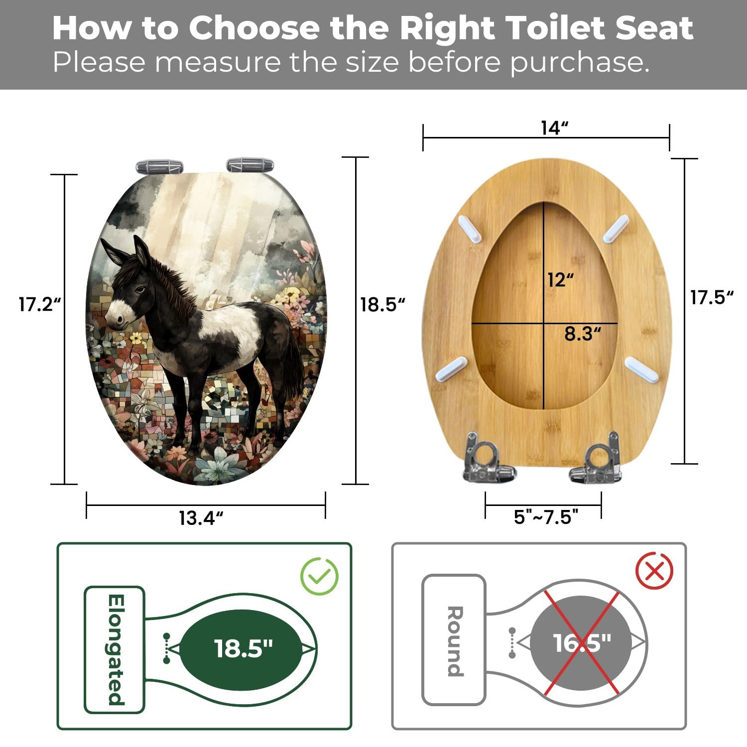 Sedile WC Allungato Decorativo In Legno con Copriwater, Fantasia Floreale Acquerellata con Asinello Bianco E Nero, Facile Da Installare, Chiusura Silenziosa, Cerniere A Sgancio Rapido per L'