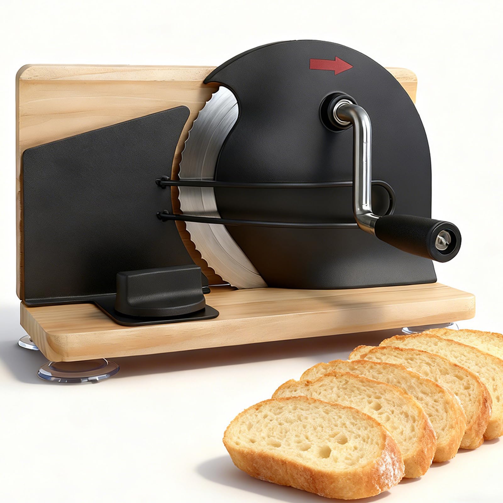 Cortadora Manual de Pan, Rebanadora con Manivela Ajustable 1–20 mm | Cuchilla Dentada, Base de Madera Plegable y Ventosas para Pan, Tostadas, Bollería, Queso y Salchichas(black)