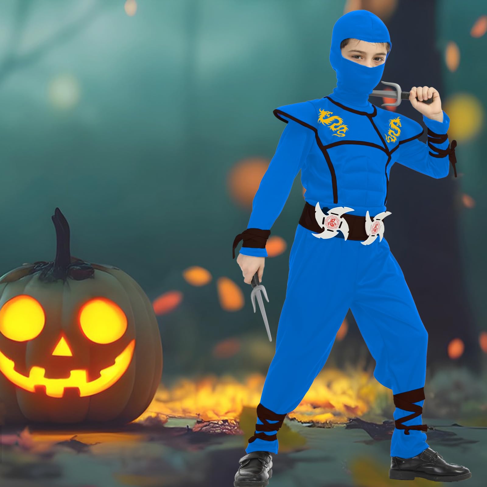 SATKULL Kids Ninja Costumes Set Halloween Ninja Costume Boys Ninjas Cosplay Suit with Accessories Toys for Kids (Kids-M-6/7T Blue) - Image 3