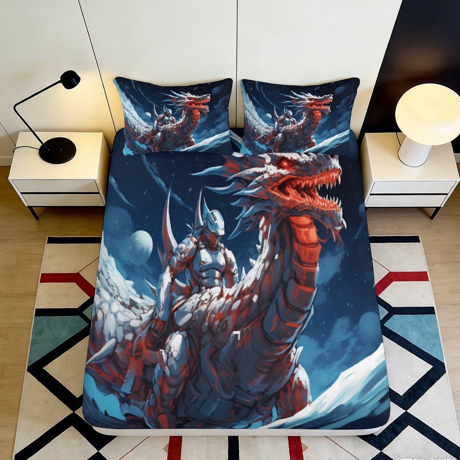 3D Printed Armored Dragon Fitted Sheet Microfiber Deep Blue Bed Sheet Fantasy Night Mattress Cover for Bedroom Decor 160x200x25cm