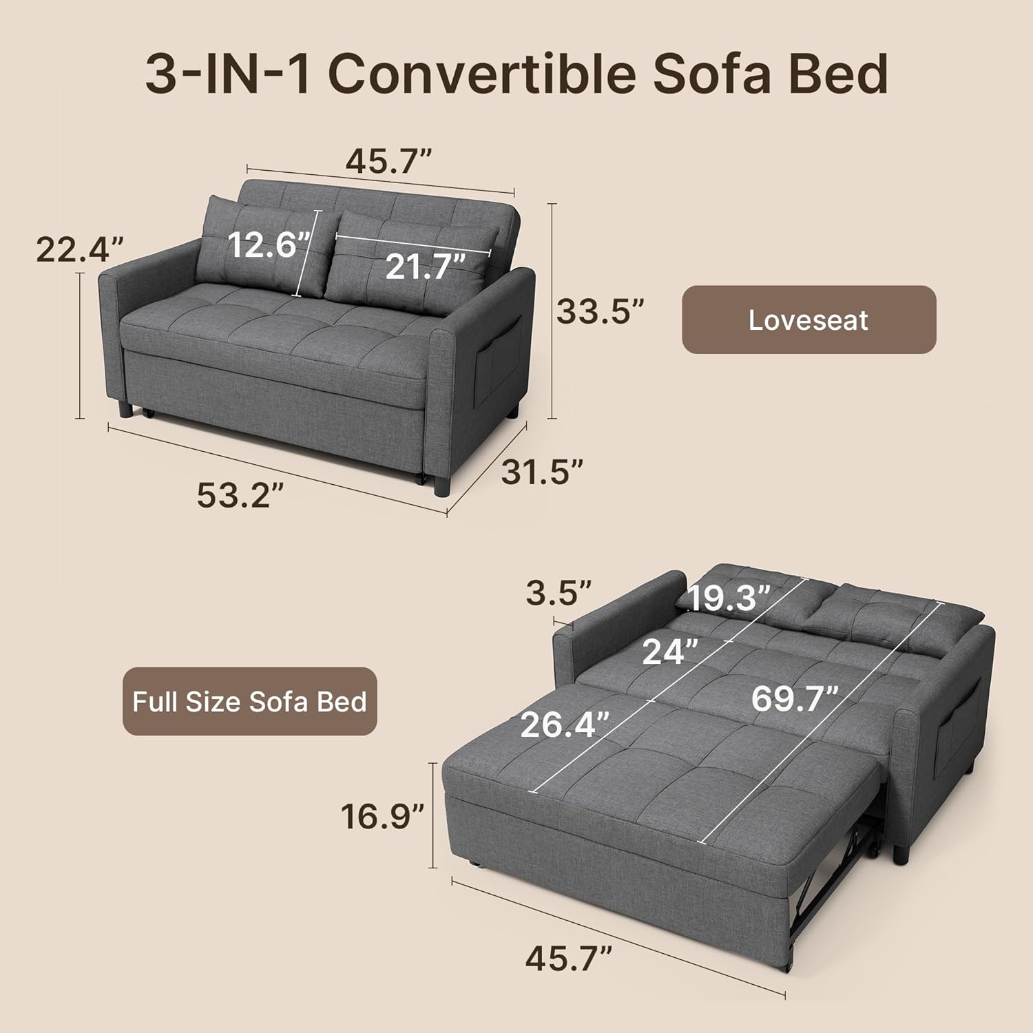 Dimensions diagram for Gizoon Futon Sofa Bed in sofa and bed modes