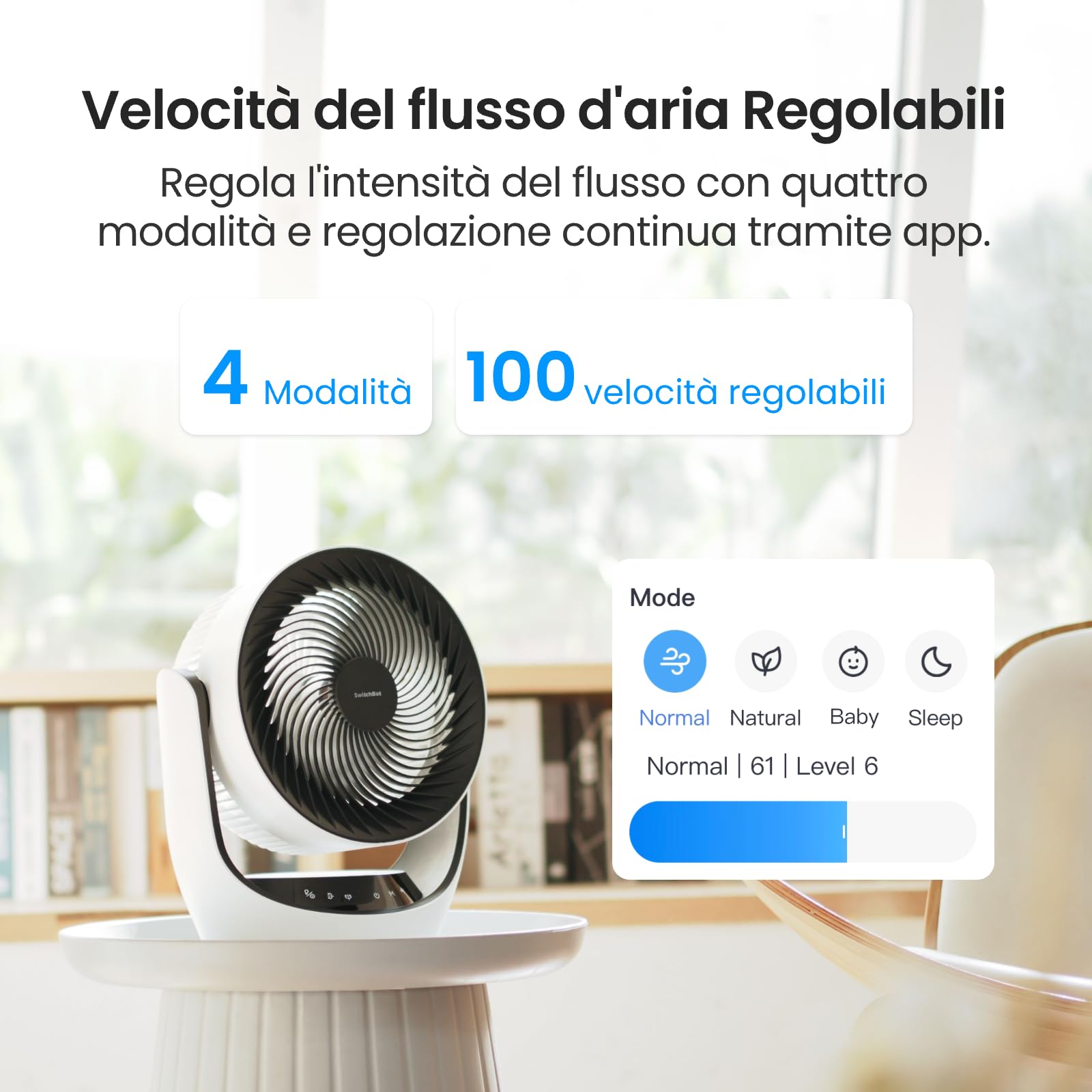 SwitchBot Ventilatore di Circolazione della Batteria USB, silenzioso con 24 dB, 4 modalità, timer 9h, compatibile con Alexa/Google/Siri (Hub richiesto), a batteria e a circolazione d’aria, efficiente