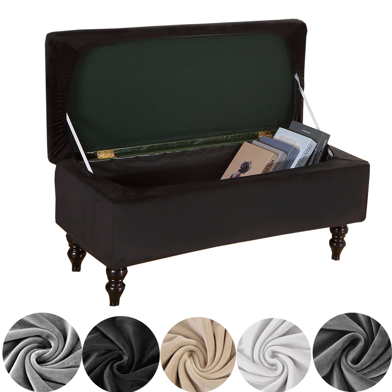 Photo 1 of Storage Ottoman Cover,Stretch Velvet Rectangle Storage Bench Cover Jacquard Ottoman Covers Rectangle Folding Storage Bench Ottoman Cover Footrest Stool Slipcover with Elastic Bands Black Medium Medium Black
