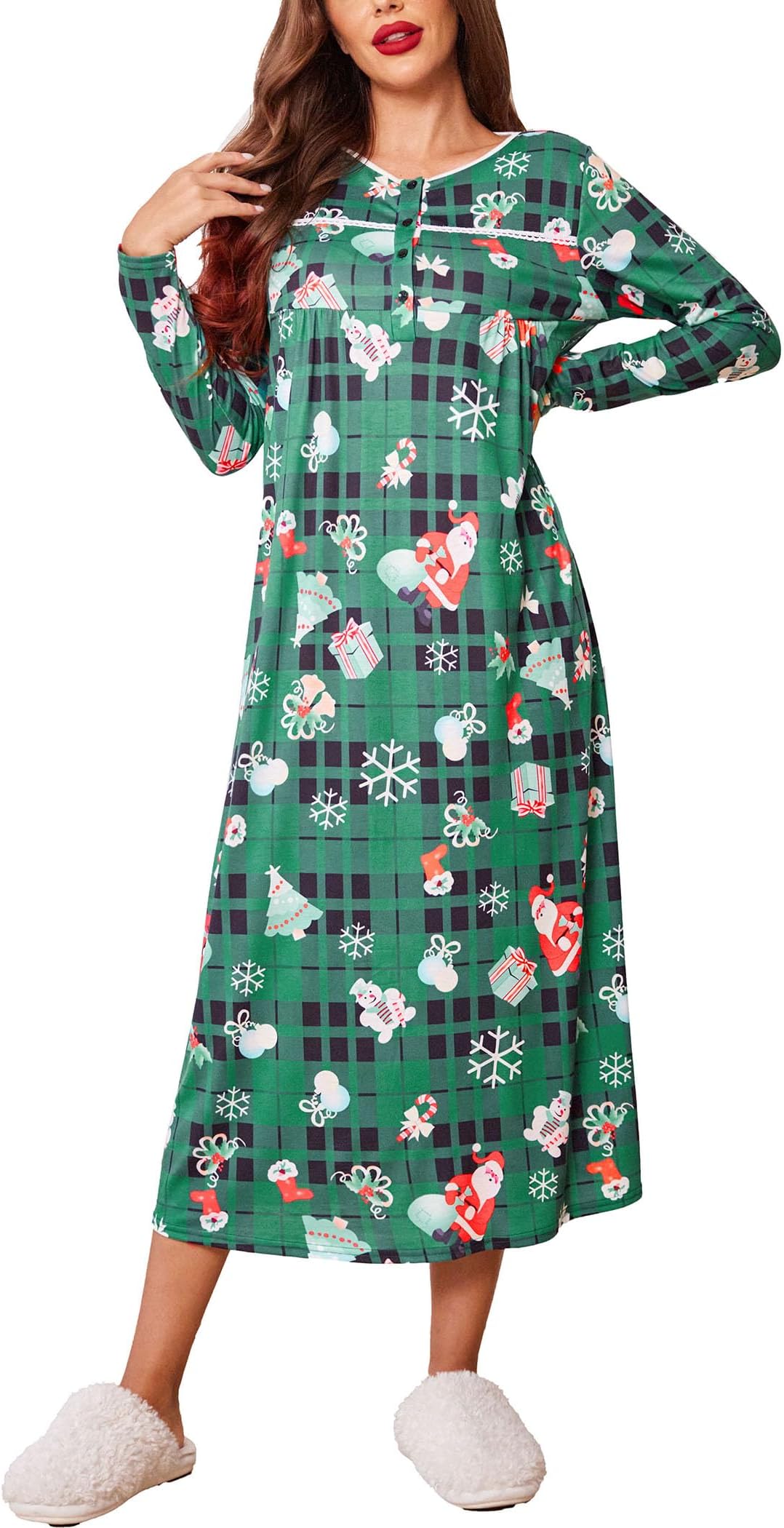 Ekouaer Women Long Sleeve Nightgowns Soft Henley Sleepshirts Full Length Sleep Dress