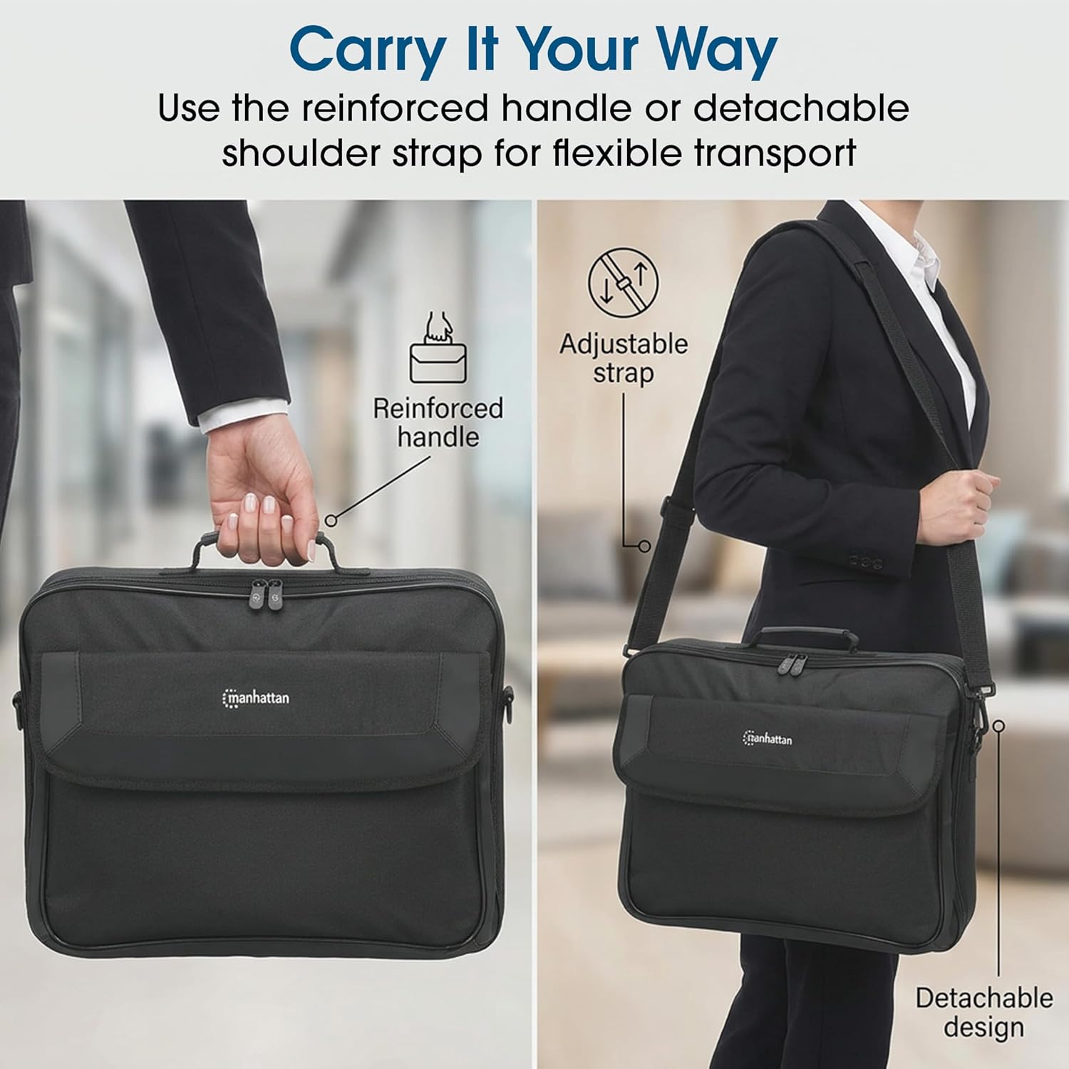 MANHATTAN Laptop Shoulder Bag Carrying Case – Slim Briefcase Style, Clamshell Opening, Padded Compartments–3 Yr Mfg Warranty