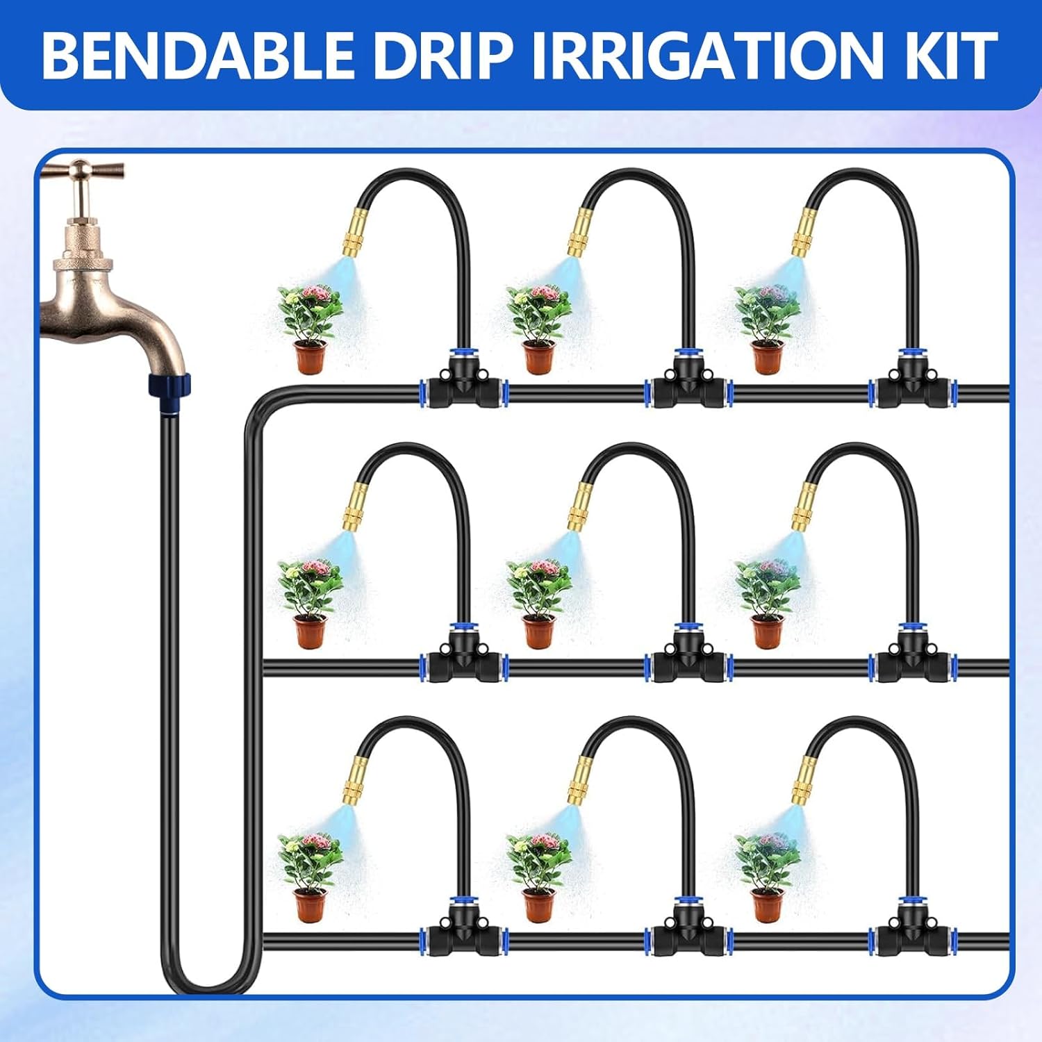 54.9ft 360° Bendable Drip Irrigation Kit with Misting Tube - Adjustable Automatic Irrigation System System for Garden, Lawn, and Plants(Easy Installation, 6-Step Setup)