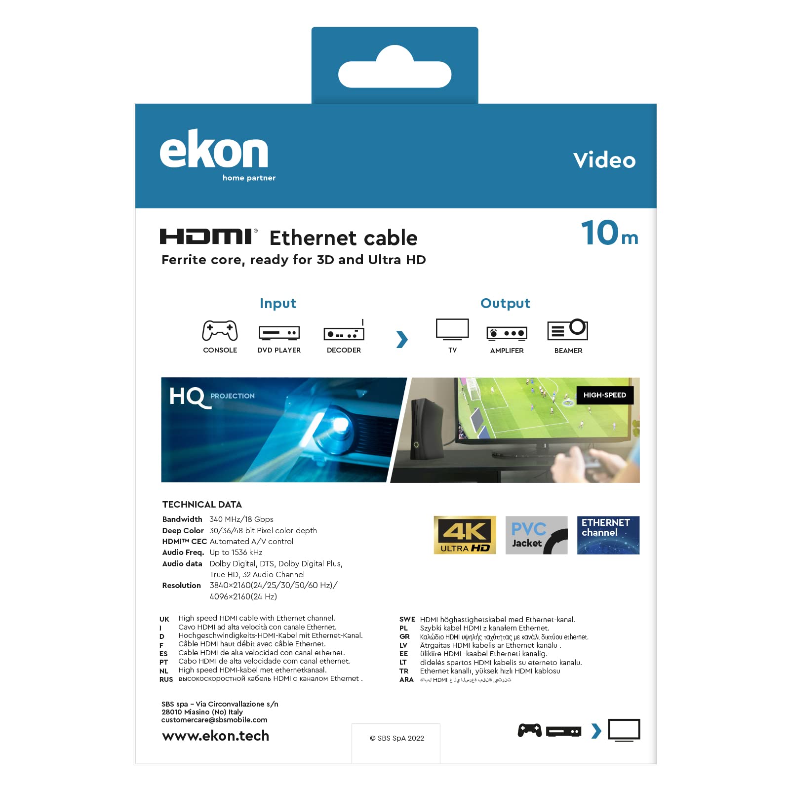 ekon cavo HDMI 1.4 ethernet, maschio maschio, 10 metri, risoluzioni 4K Ultra HD e 3D, connettori dorati, per TV, proiettori, laptop, PC, MacBook, PlayStation, Nintendo Switch
