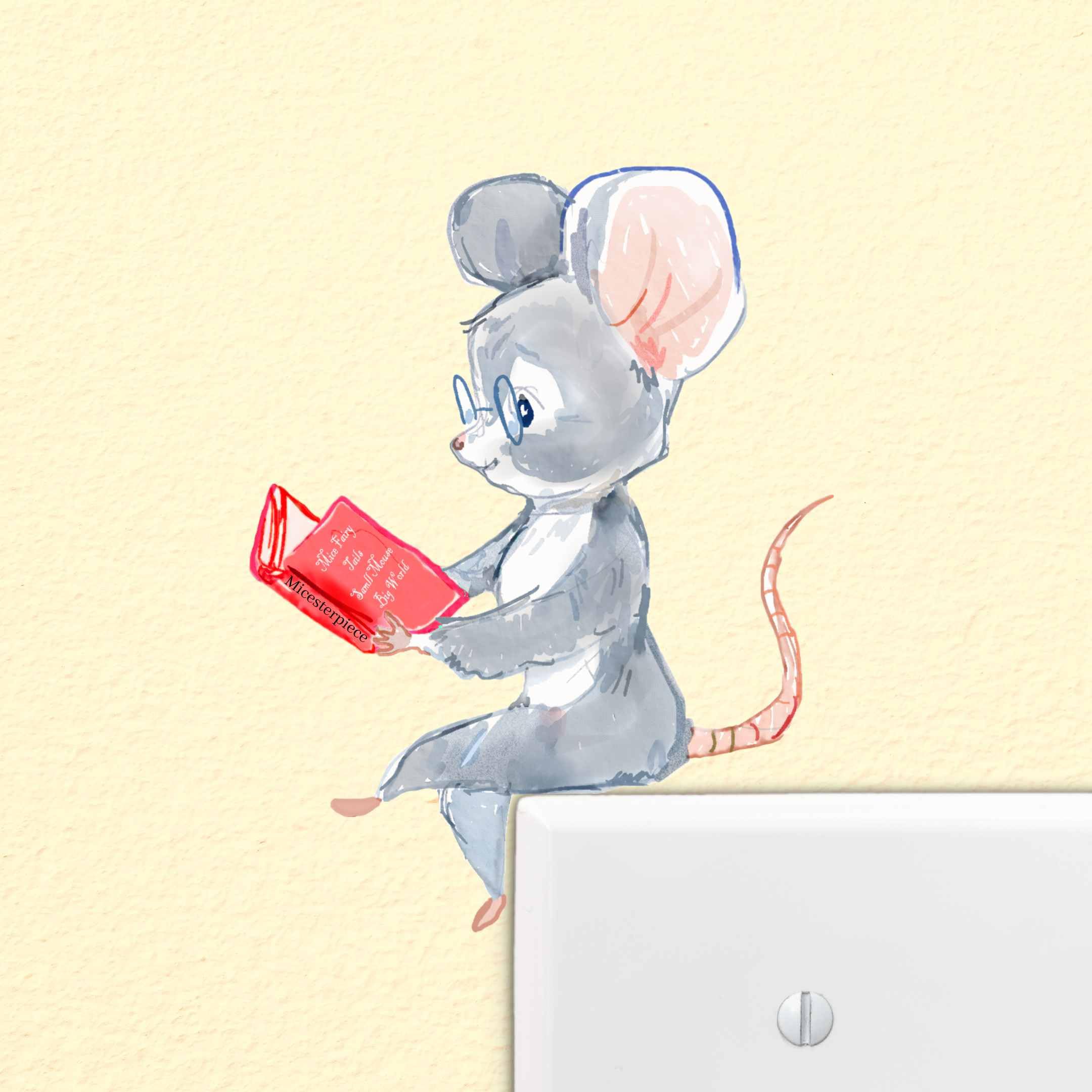 Mouse Reading Book, Wall Decoration, Removable, Teachers Pet, Children, Wall Decal Stickers, Light Switch, Book Lover Gift, Student, Kids Room,