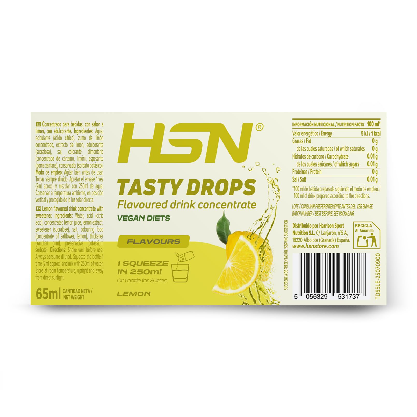 HSN Tasty Drops Saborizante Líquido Sin Calorías para Agua | Sabor Limón - 65ml (hasta 8 litros) | Gotas Saborizantes Sin Azúcar | Potenciador de Bebidas | Apto Vegano, Sin Gluten