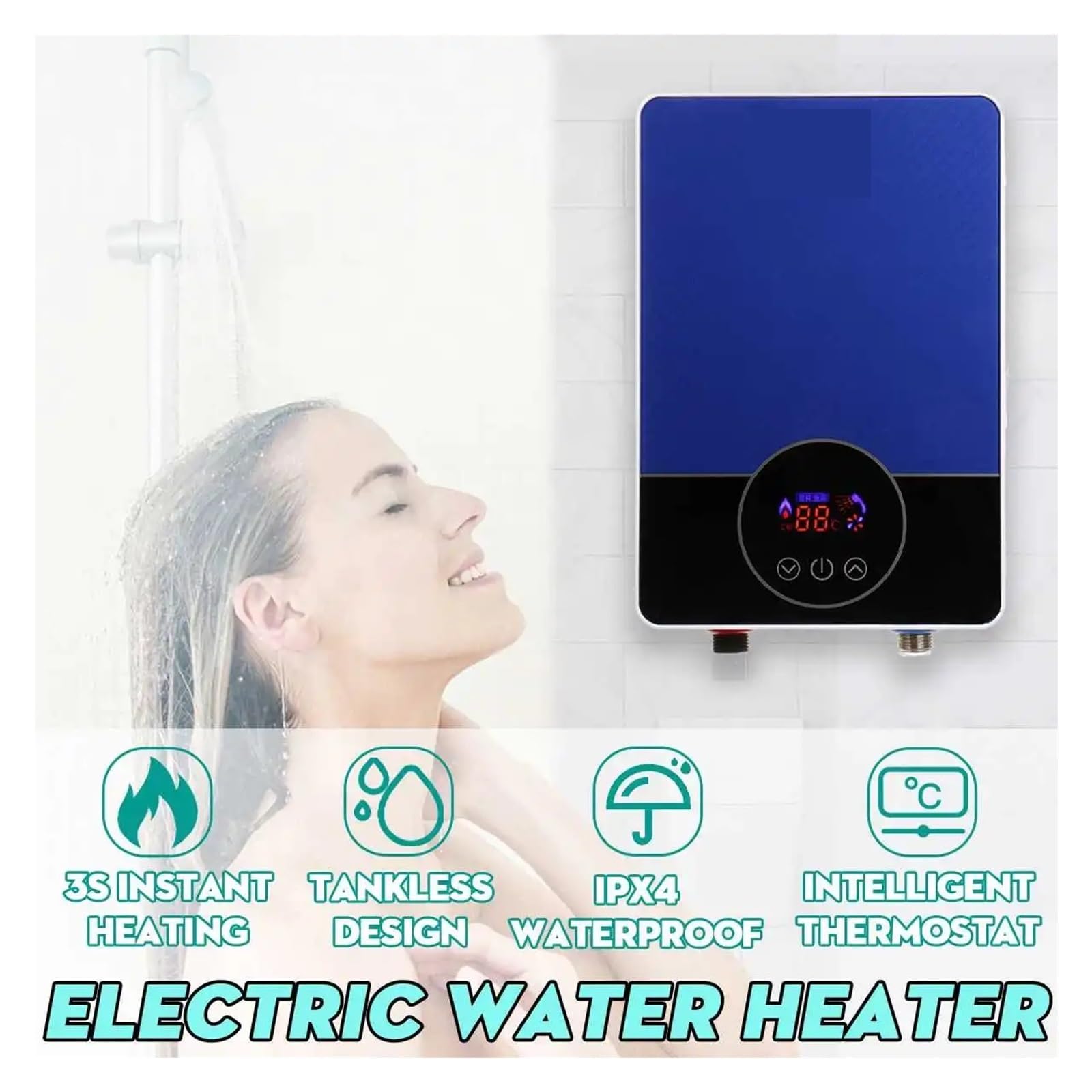Calentador de Agua Electrico, Calentador De Agua Eléctrico Inteligente De 6000W, Control Remoto, Calentador De Agua Instantáneo Sin Tanque, Cocina, Baño, Ducha, Calentamiento Rápido De Agua(Blue A)