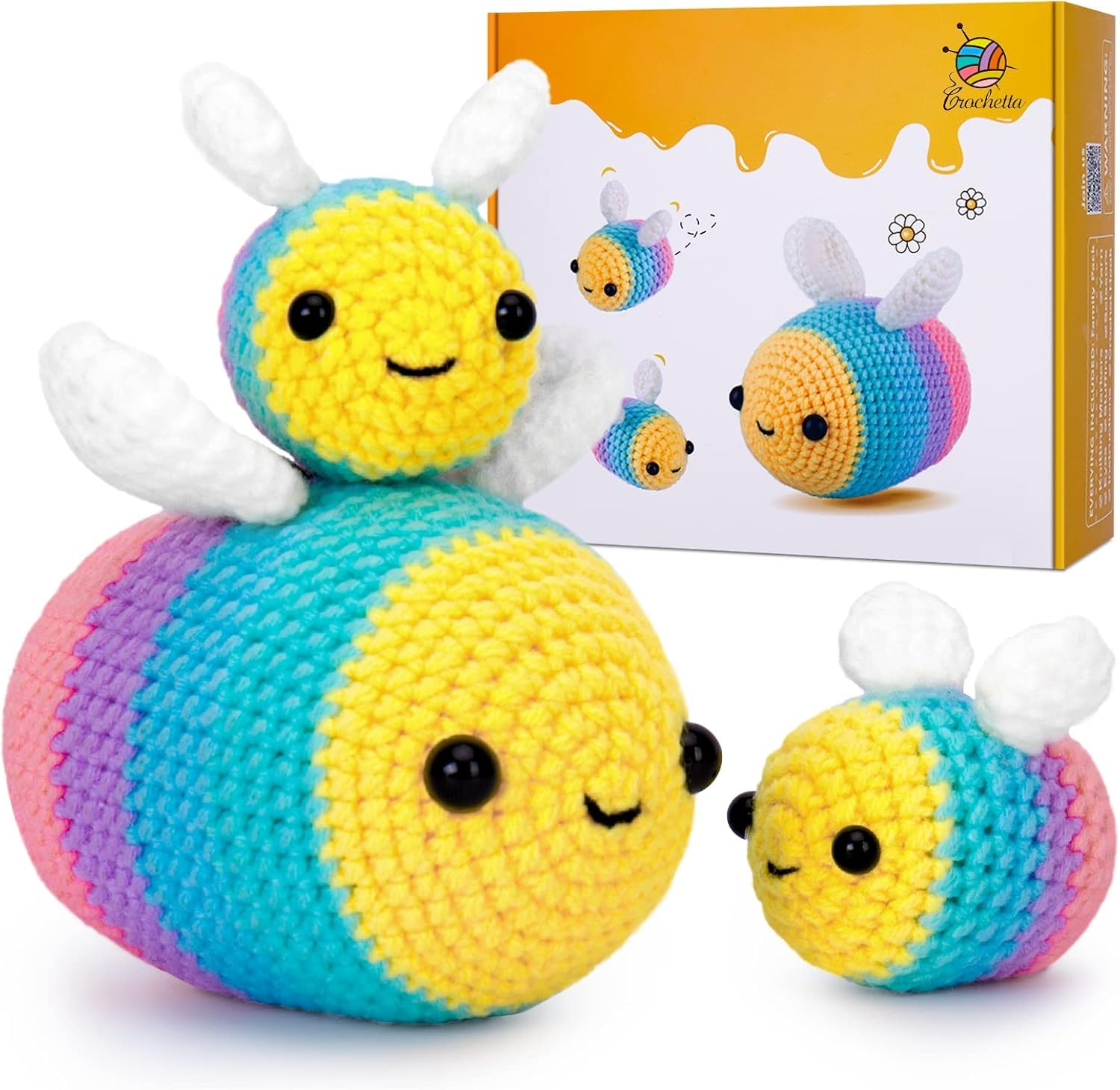 Crochet Kit for Beginners, Beginner Crochet Kit w Step-by-Step Video Tutorials, Crochet Starter Kit Learn to Crochet Kits for Adults Kids Beginners, Jumbo 3 Bee Family (40%+ Yarn Content)