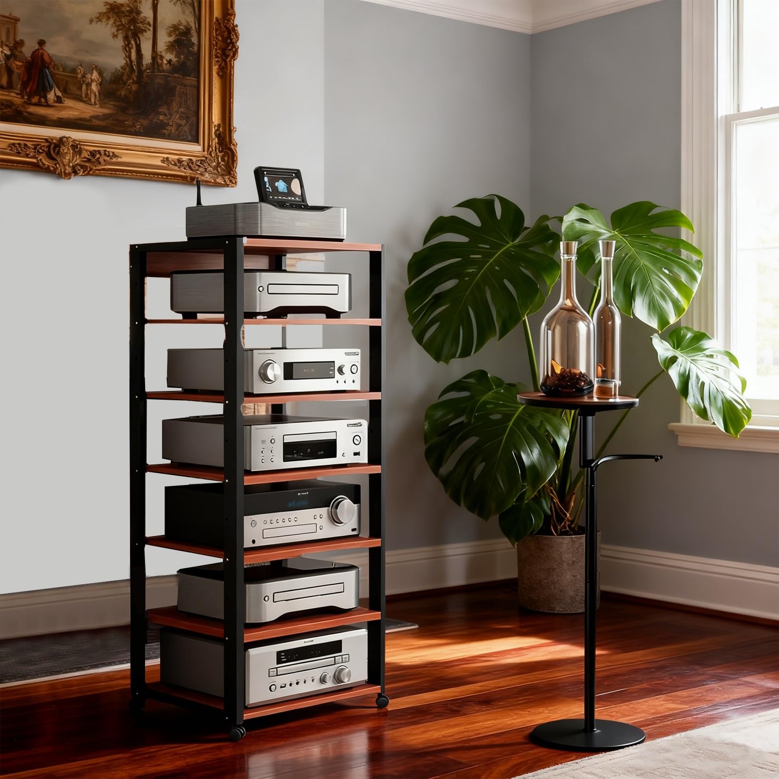 CWCQGH 7 Tier Rack with Wheels Media Stand & Stereo Audio Cabinet for Record Player DVD TV Box Black Amplifier Shelving Unit,Teak Color