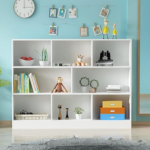 Miniatura 4 de ECACAD Estantería de madera con estantes abiertos de 3 niveles, organizador de almacenamiento de 10 cubos para sala de estar, oficina en casa,