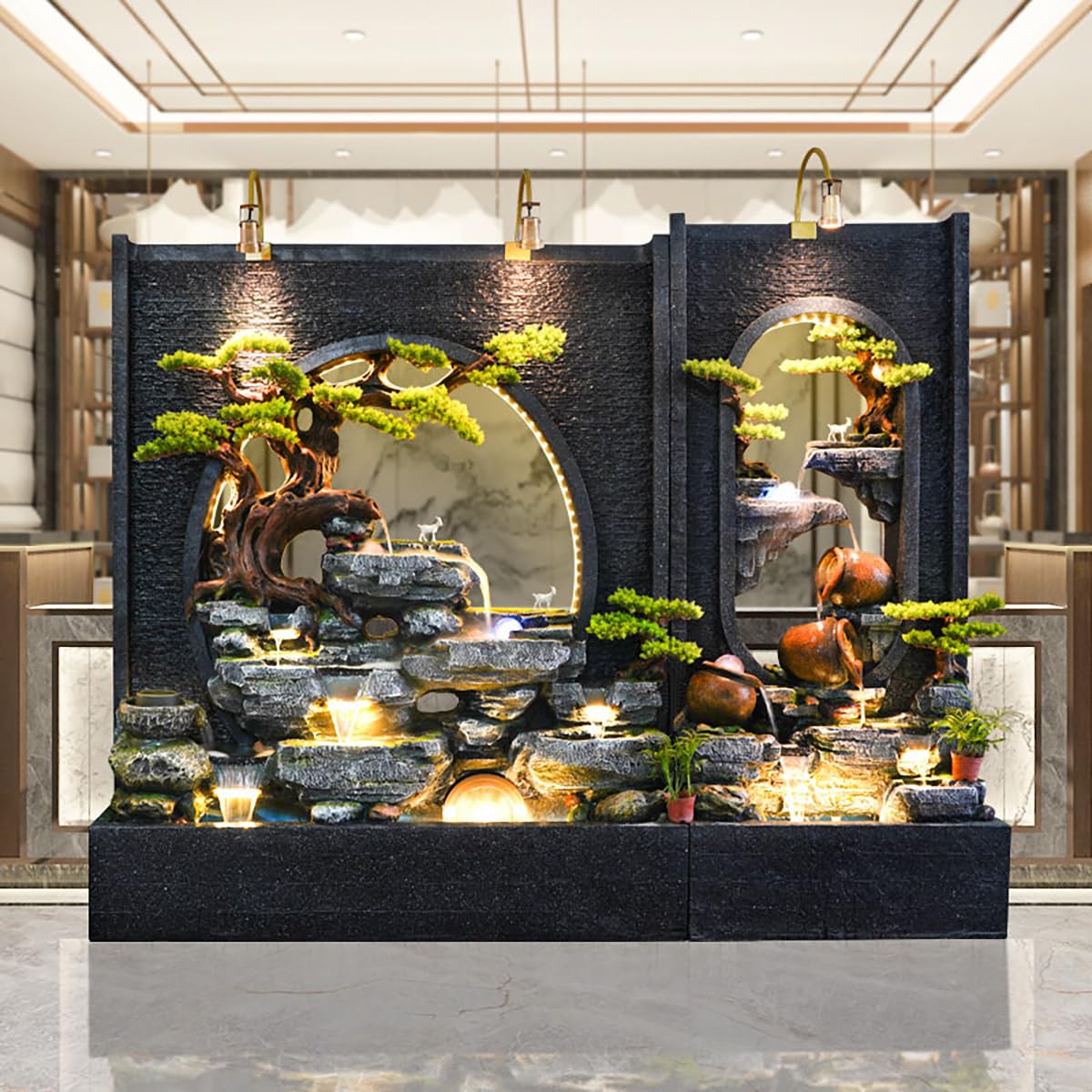 Outdoor-Wasserbrunnen mit LED-Licht, Zement, Steingarten-Textur, 190 x 178 x 43 cm (L x H x B) für Wohnzimmer, Balkon, Esszimmer, Gartenclub, Einweihungsgeschenk. Mehrere Optionen (B+C)