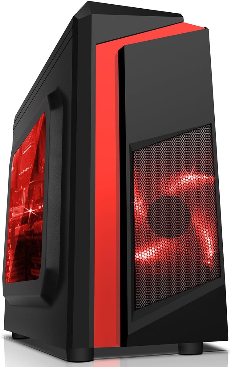 CiT F3 Micro-ATX PC Gaming Case, MATX & ITX Mobo Support, Windowed Side Panel, Excellent Airflow, Space For 4 Cooling Fans, SD/TF Card Reader Inc, 2 x 120mm Red LED Fans Inc. | Black / Red Stripe