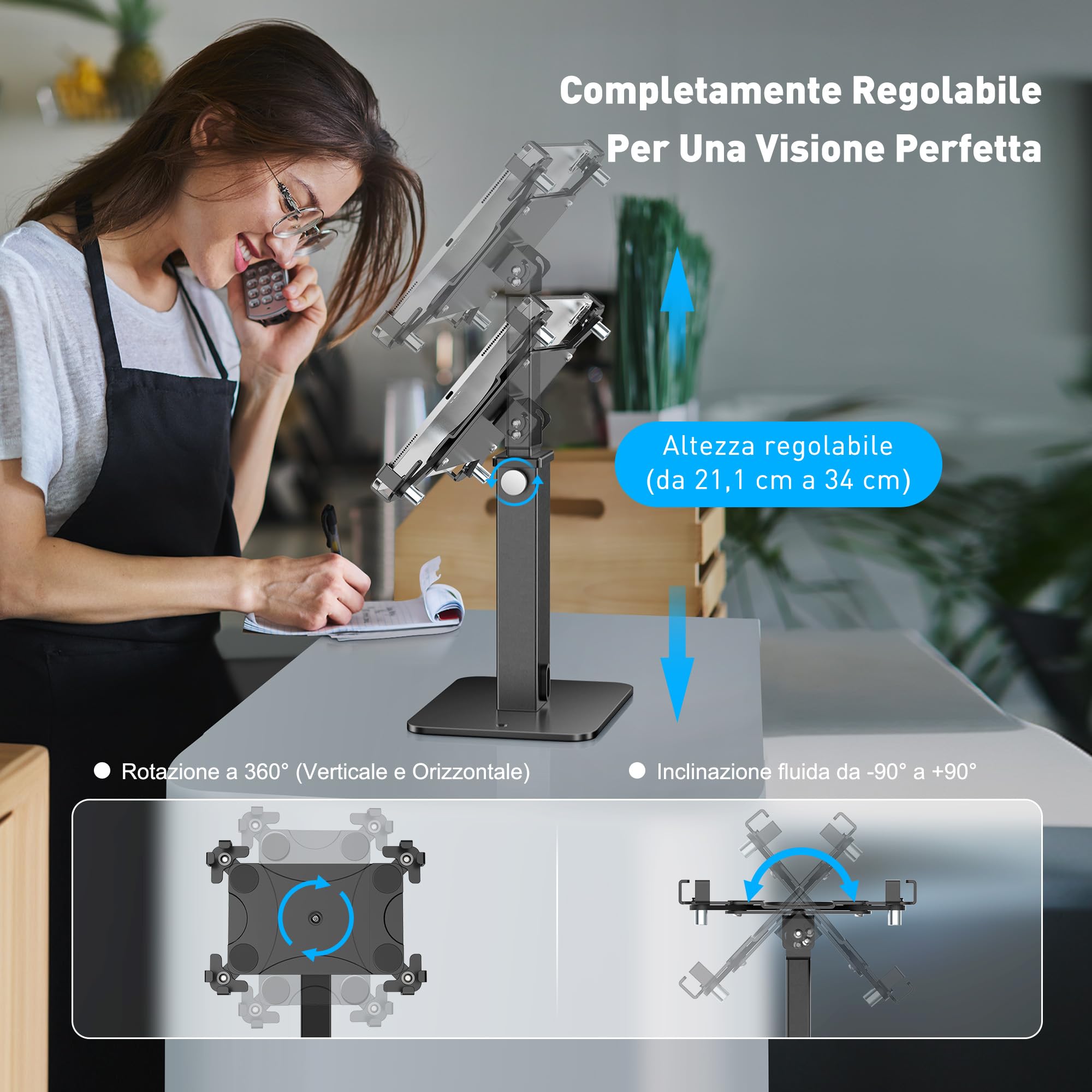 AboveTEK Supporto Chiosco Antifurto per iPad, Rotazione 360° e Altezza Regolabile 21-34 cm, Acciaio e Alluminio Resistente, per Tablet da 9.7"-13", Supporto di Sicurezza POS per Uso Commerciale-Nero