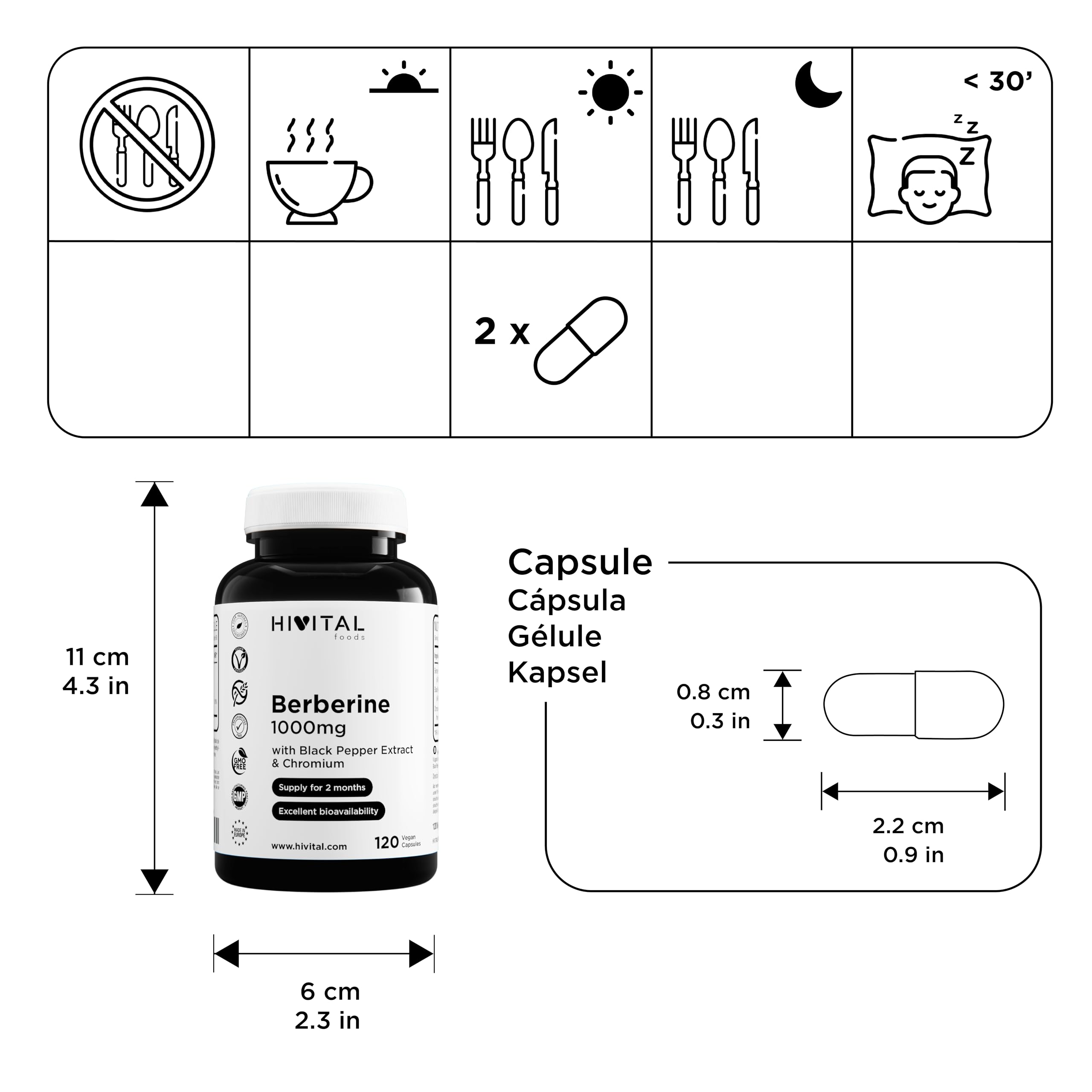 Berberina 1000 mg. 120 capsule vegane per 2 mesi di trattamento. Estratto naturale di Berberis Vulgaris con Cromo e Pepe Nero. Prodotto in Europa da HIVITAL