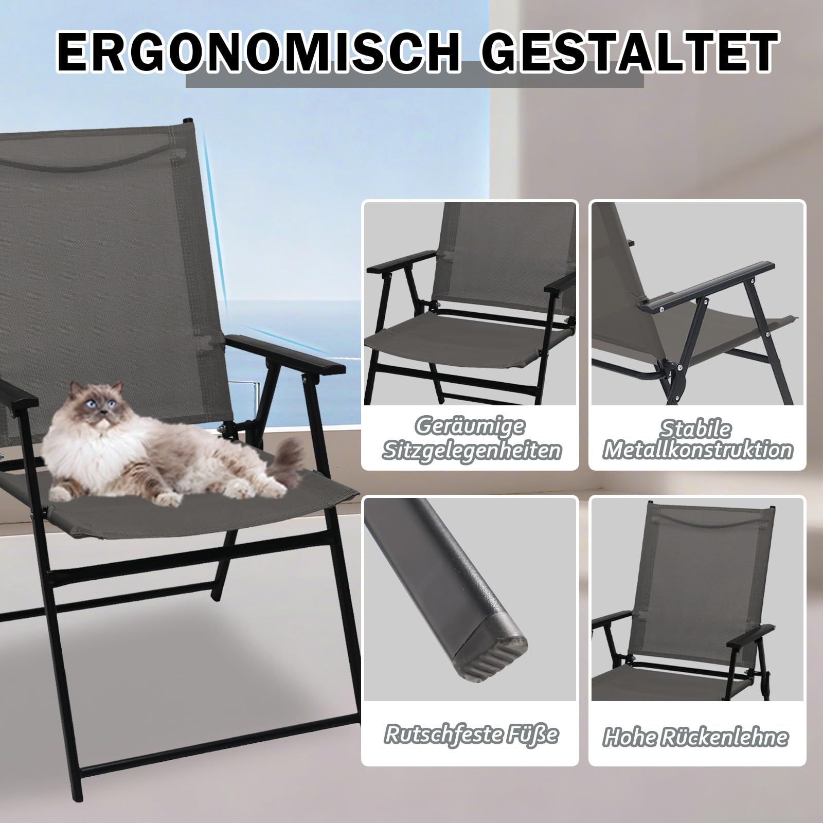 YLGJ&TIDY Gartenstühle 2er Set, Klappbar, Gartenstuhl Hochlehner, Wetterfest, Stahlrahmen, Terrassenstühle, Gartenstuhl 150 kg Belastbar, Grau