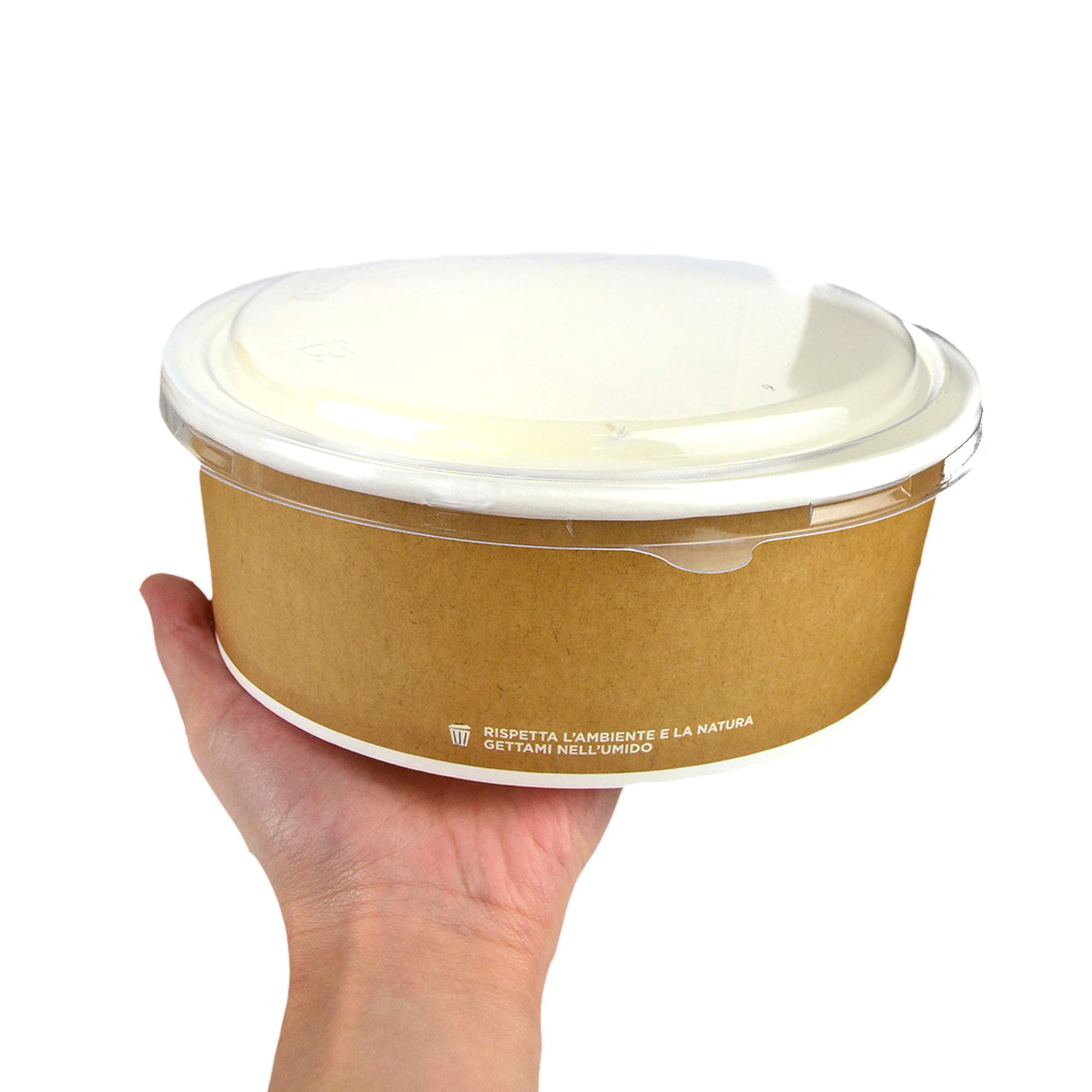 PZ 40 INSALATIERA BIO IN CARTONCINO AVANA 1200 ML ALTA 6,5 CM DIAMETRO 18 CM + PZ 40 COPERCHI IDEALE PER ASPORTO DI INSALATA, FARRO, FRITTI MISTI