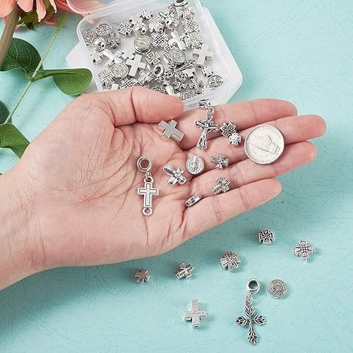 Miniatura 5 de Cheriswelry 100 cuentas de aleación de corazón cruzado de 25 estilos de estrella de flores planas, redondas, ovaladas, espaciadores, cuentas