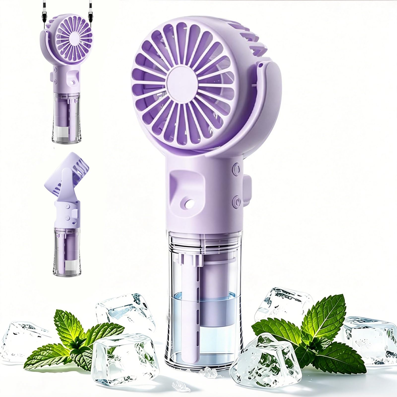 Handheld Fan with Water Mist Spray, Portable Rechargeable Mini Misting Fan with 4 Speeds, Quiet Electric Small Fan Handheld for Holiday Office Travel Camping Outdoor，Purple