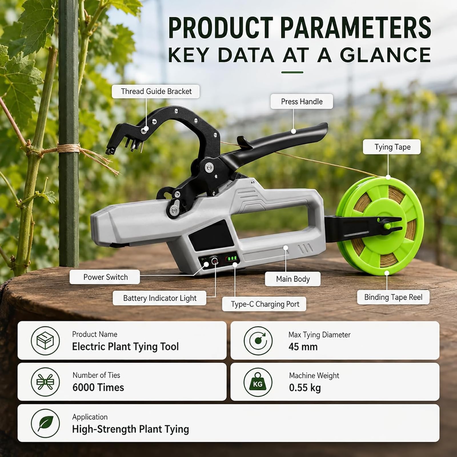 Atador Automático De Plantas De Jardín, Herramienta Eléctrica Inalámbrica Para Atar Plantas, Diámetro De Atado De 45 Mm Para Tomates, Uvas Y Plantas Trepadoras