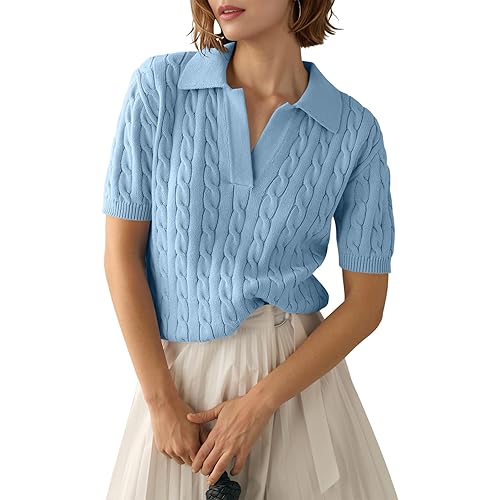 Womens Short Sleeve Sweater Tops Cable Knit Casual Summer V Neck Polo Shirts