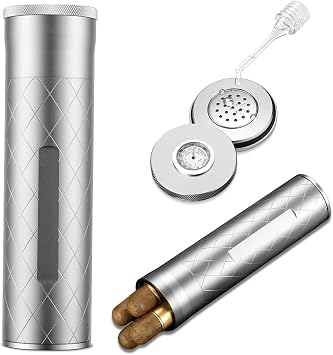 Cigar Case Tube Portable Travel, Aluminum Cigar Jar with Built-in Hygrometer & Humidifier, Air Tight Seal Cigar Humidor for 3-4 Cigars, Ideal Cigar Accessories for Outdoor & Travel & Business Silver