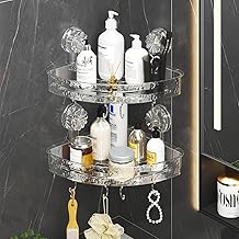 Self Adhesive Bathroom Corner Shelf No Drill Shower Organizer with Suction Cups, Transparent Acrylic Wall Mounted Shampoo Holder with Hooks Heavy Duty Bath Storage Rack for Tile Glass (2)