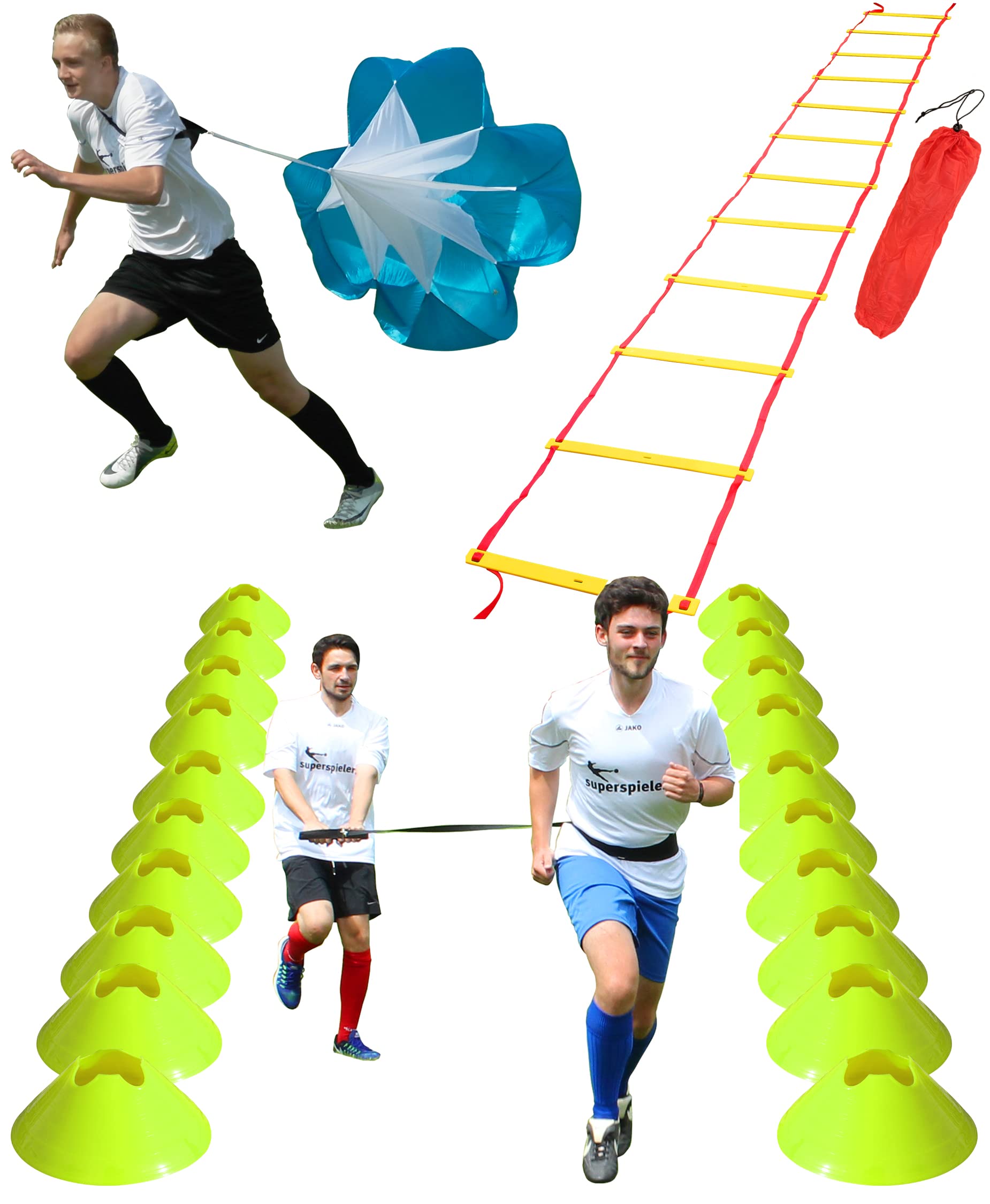 Set fitness – Sprint Training con paracadute, cinghia, scala di coordinazione 6 m & 20 indicatori per forza rapida e agilità