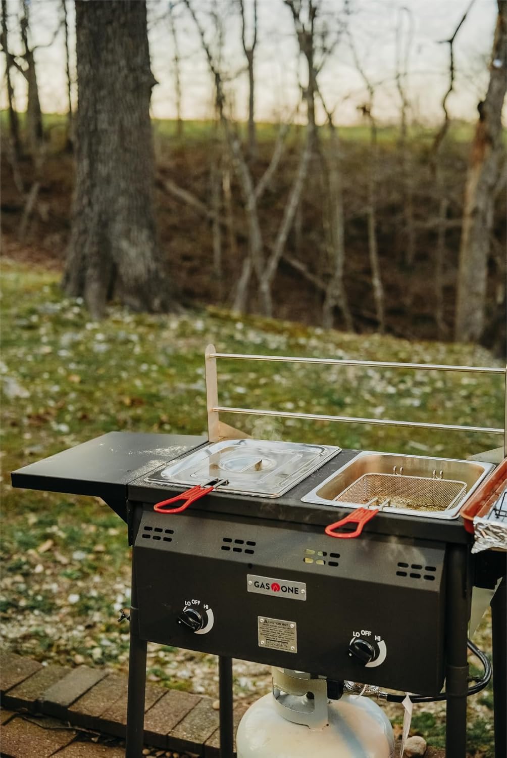 GasOne Outdoor Propane Deep Fryer - Double Burners, 16 Qt Removable Baskets & Lids, Oil Fryer Cart with Thermometer & Regulator - Perfect for Outdoor Cooking & Commercial Use