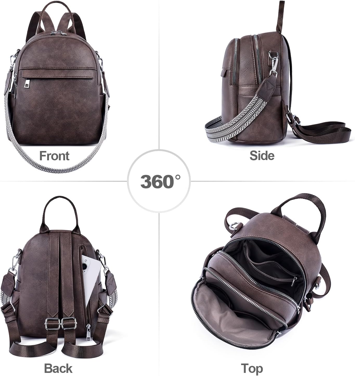 Small Backpack Purse for Women Leather Mini Convertible Designer Backpack Travel Shoulder Fashion Bag Coffee - Image 3