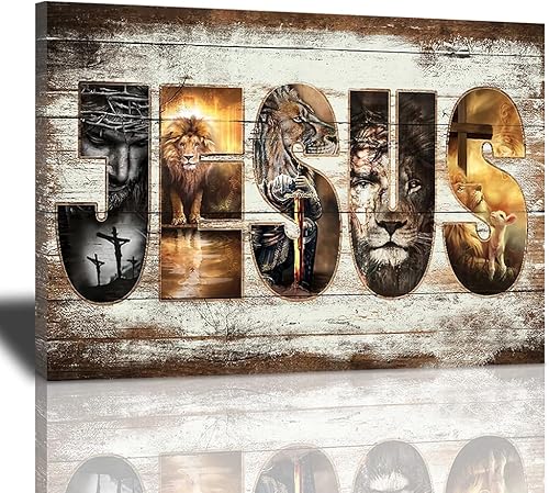 Póster en lienzo con imágenes de Jesús, león y cordero, impresión en lienzo con texto en inglés "God Bible Christian Religios" para pared, pintura