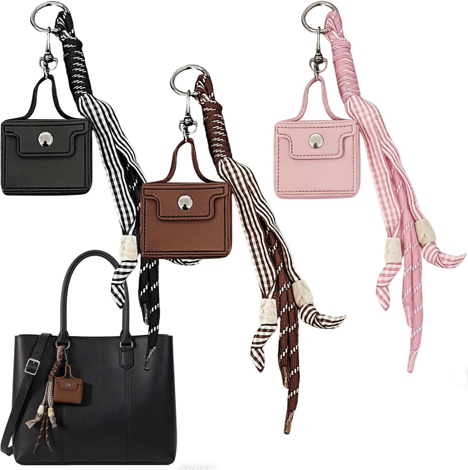 3 PCS Mini Backpack Keychain Super Smalls Makeup Bag with Ribbon Cute Coin Wallet PU Leather Lipstick Bag Card Holder Data Cable Organizer Headphone Case Fashion Bag Charms Accessories for Women Girls