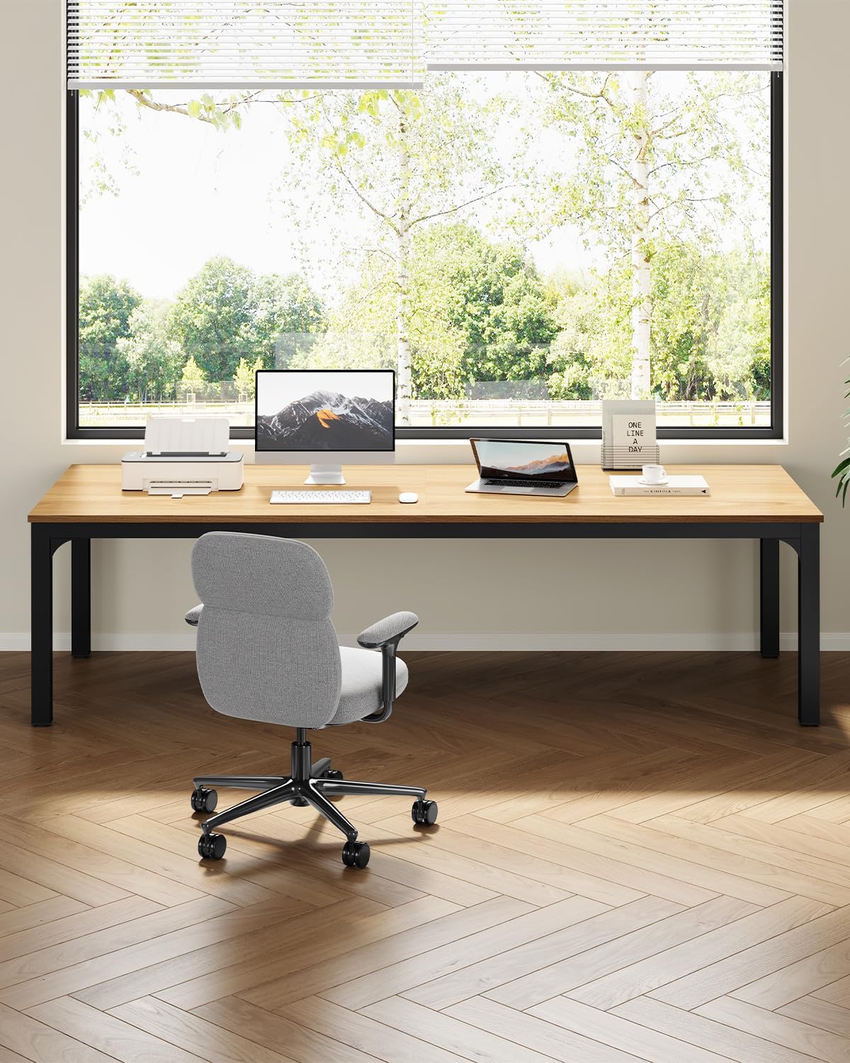 LITTLE TREE Two Person Desk, 78.7 Inches Extra Long Computer Desk, Wooden Large Office Desks with Strong Metal Legs, Double Desk for 2 People, Writing Study Table for Home Office, Natural & Black