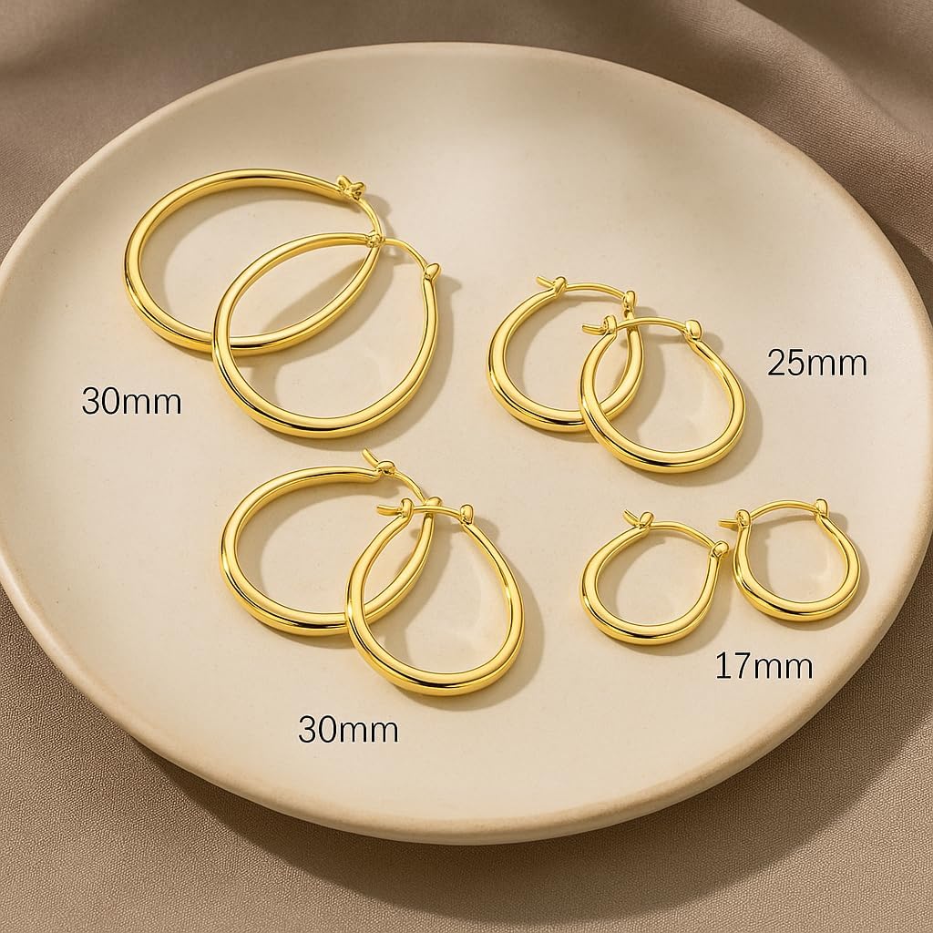 14K Gold Small Hoop Earrings for Women, U-Shaped Design, 17/25/30/35mm, Everyday Wear